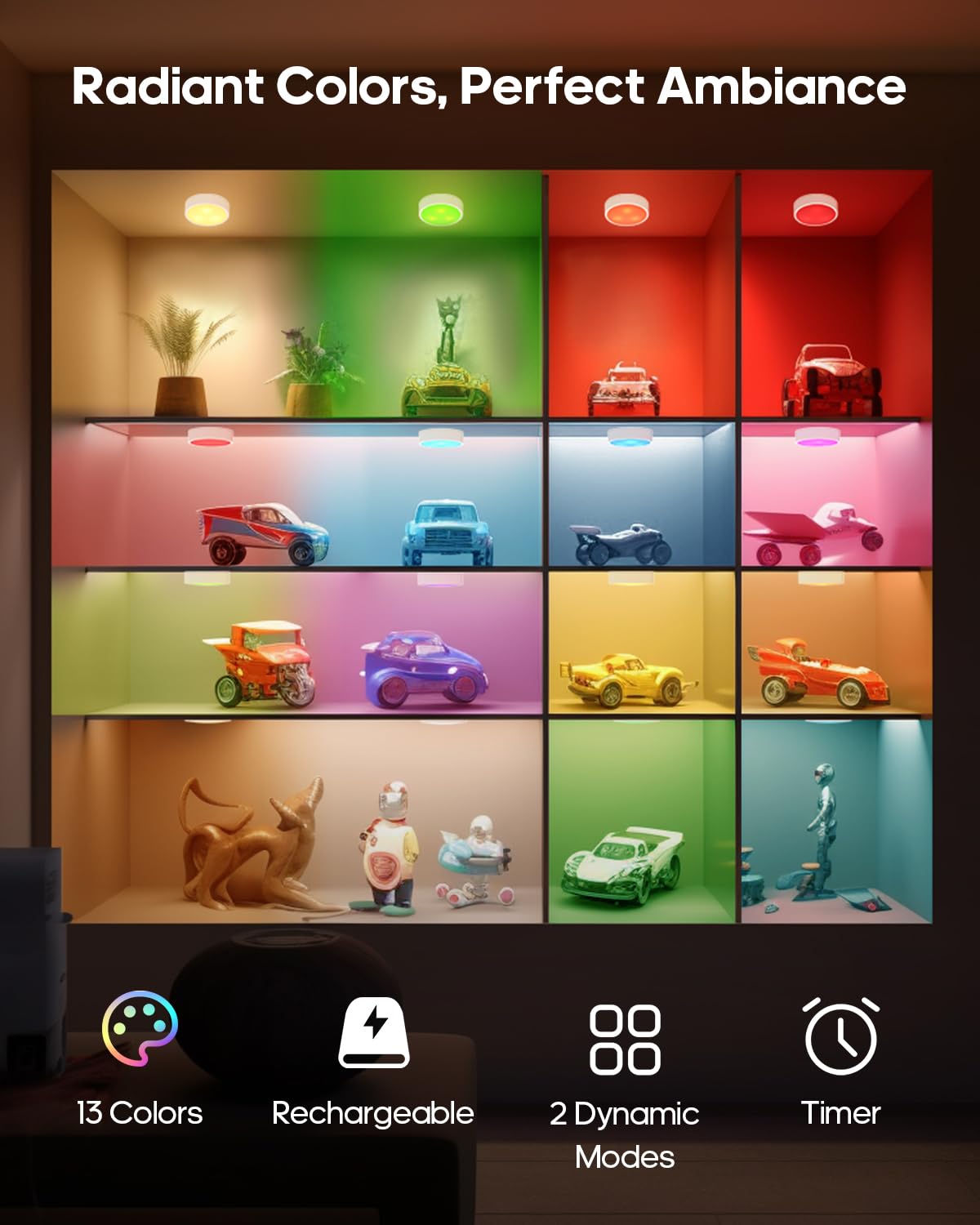 Goodea.Fun Puck Lights With Remote, 13 Rgb Colors Led Under Cabinet Lights, Rechargeable Baterry Operated Under Cabinet Lighting