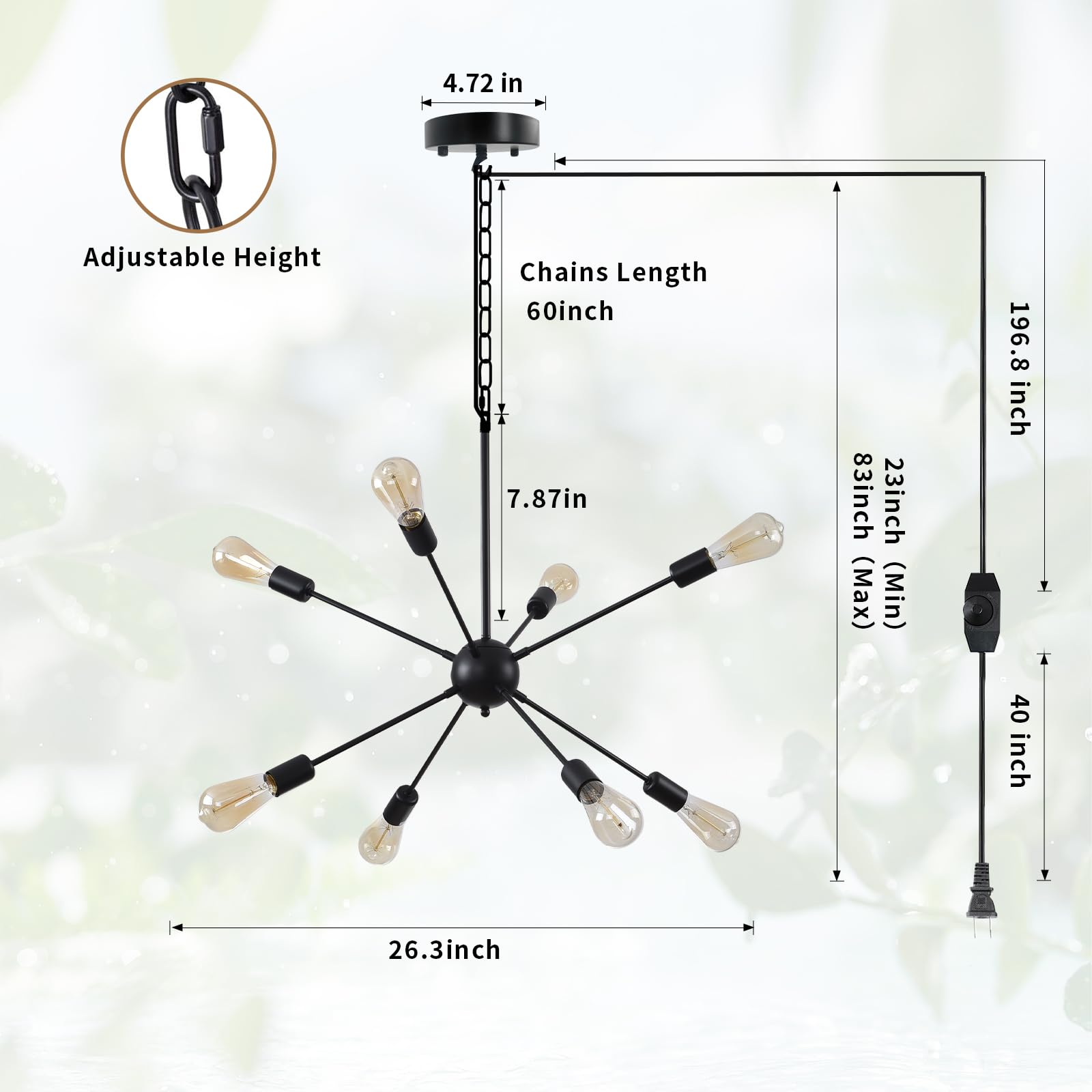 Hoxiya Dimmable Black Sputnik Chandelier, 8-Light Modern Pendant Light For Home & Office