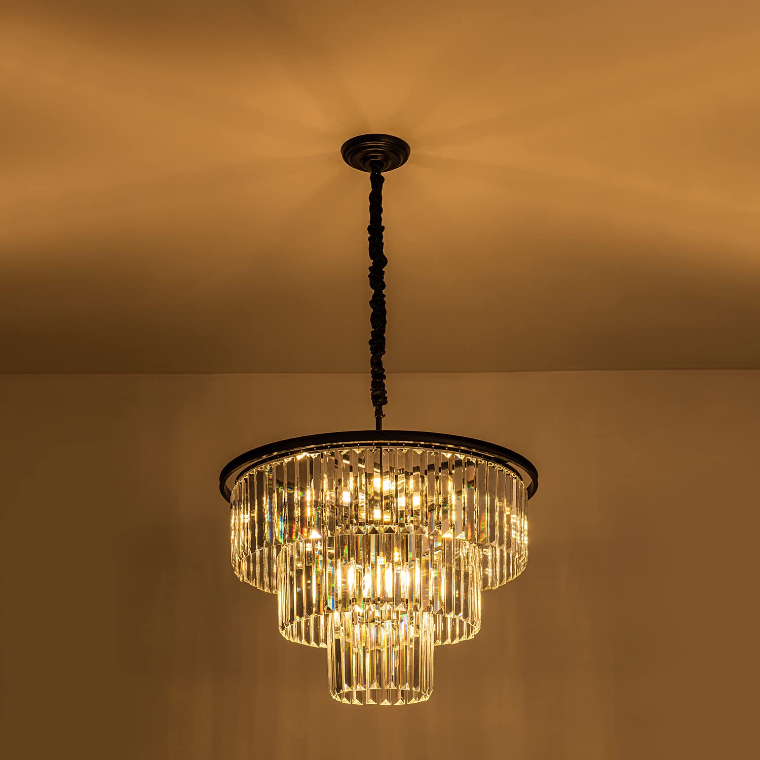 Brfaixla 12 Lights 23.64 Black Modern Crystal Chandelier Crystal Pendant Ceiling Light Fixture 3-Tier Hanging Lighting For Dinning Room Bedroom Living Room Foyer