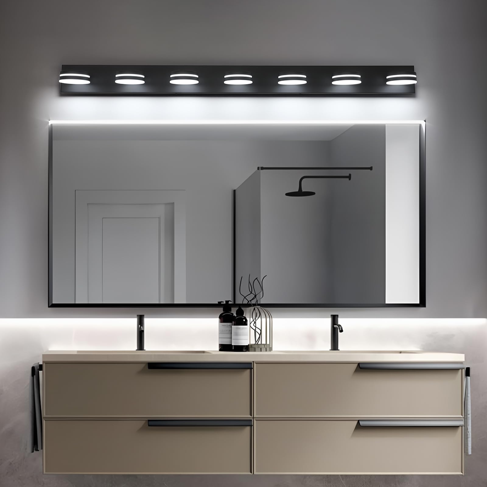 Bicrink 7-Light Bathroom Vanity Light Over Mirror  Matte Black Led Vanity Lighting Fixtures  Modern Bathroom Wall Light Fixtures With 360Rotating Lamp Head (Cool White 5500K)