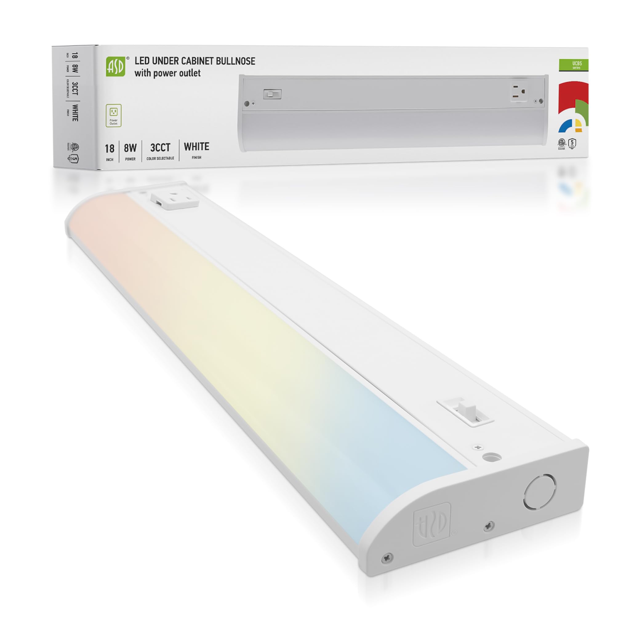 ASD LED Under Cabinet Lighting with 1 Power Outlet, 18 inch 8W 715 LM, Hardwired Under Cabinet Lights for Kitchen, 3000K/4000K/5