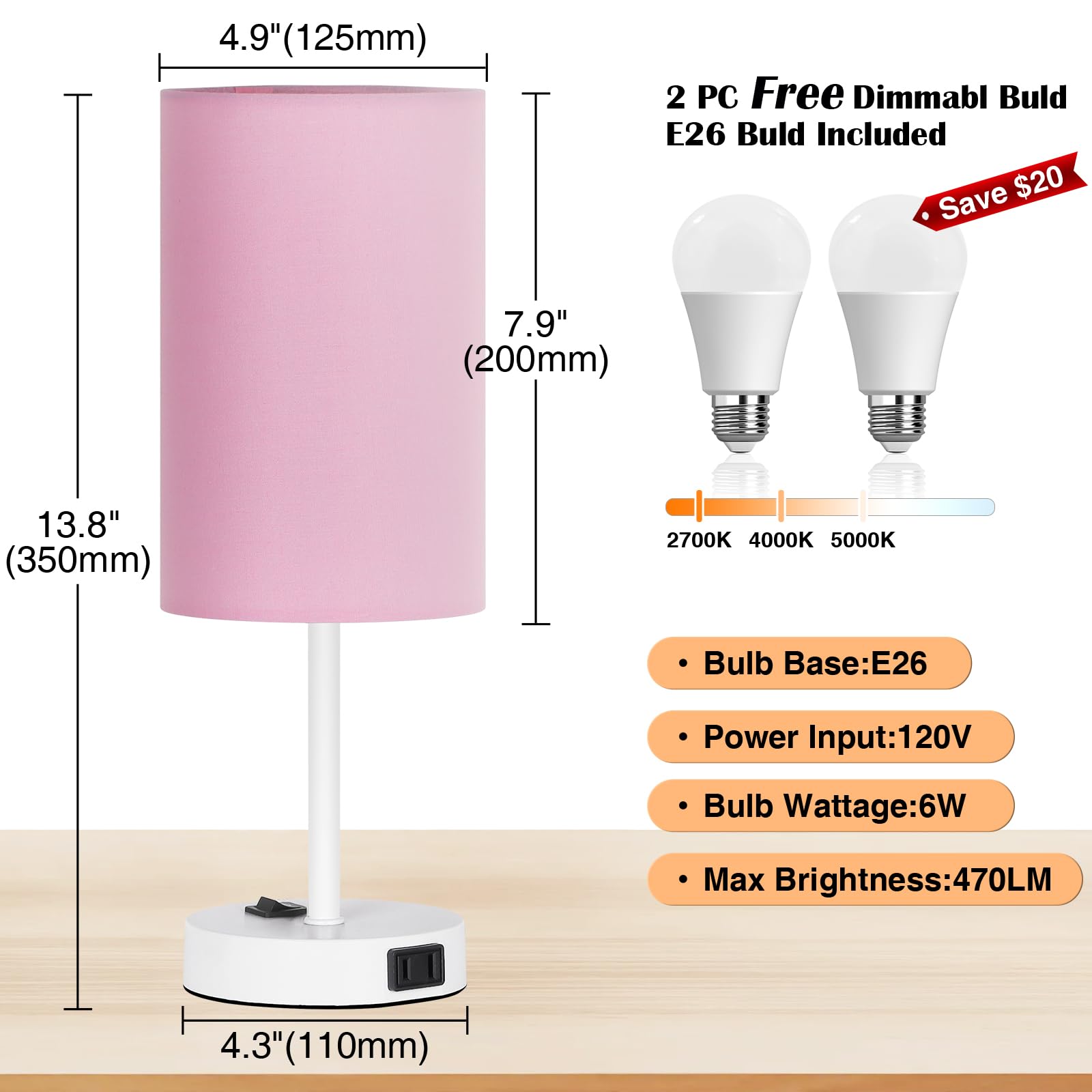 Zjojo Table Lamp For Bedroom Set Of 2, Bedside Small Lamps With 3 Way Dimmable Rocker Switch And Ac Outlet, Nightstand Desk Lamp With Pink Fabric Shade White Base For Living Room Home Decor Lights