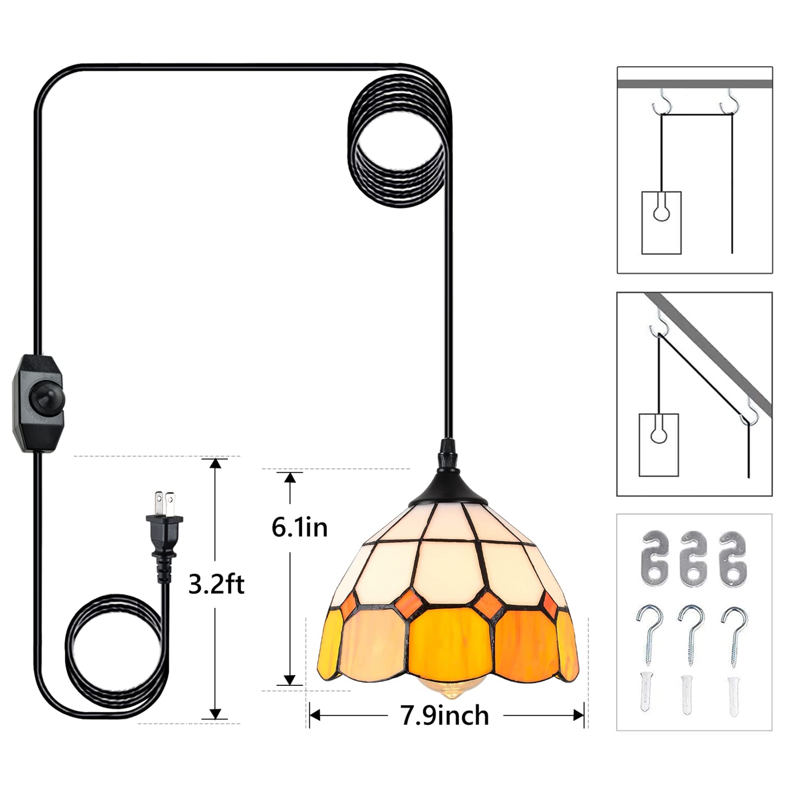 Stepeak Tiffany Hanging Pendant Light - Dimmable Vintage Ceiling Lamp, 7.9" Width, Yellow, 16.4 Ft Cord, Model HL-Y