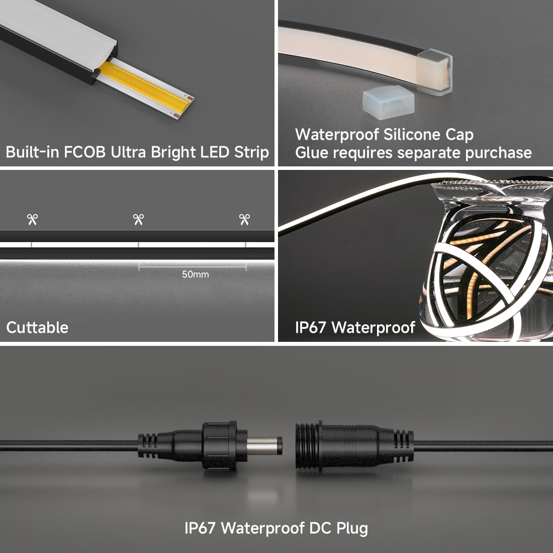 Btf-Lighting Fcob Cob Led Strip Ip67 Waterproof Flexible High Density Uniform Diffused Neon Light 16.4Ft Dc24V Natural White 400