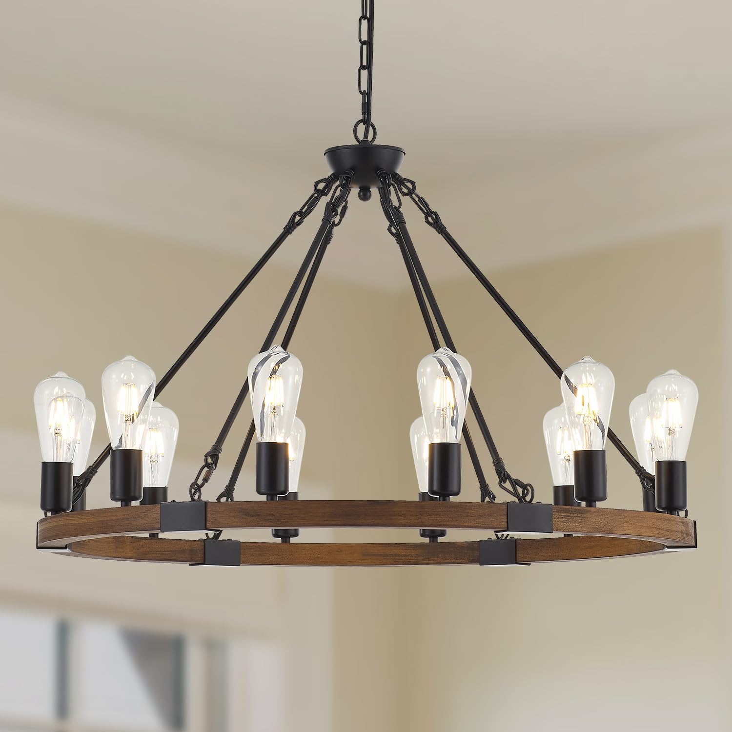 brfaixla 12 Lights 31.5'' Wooden Wagon Wheel Chandelier Farmhouse, Rustic Black Metal Ceiling Pendant Chandelier Vintage Round W