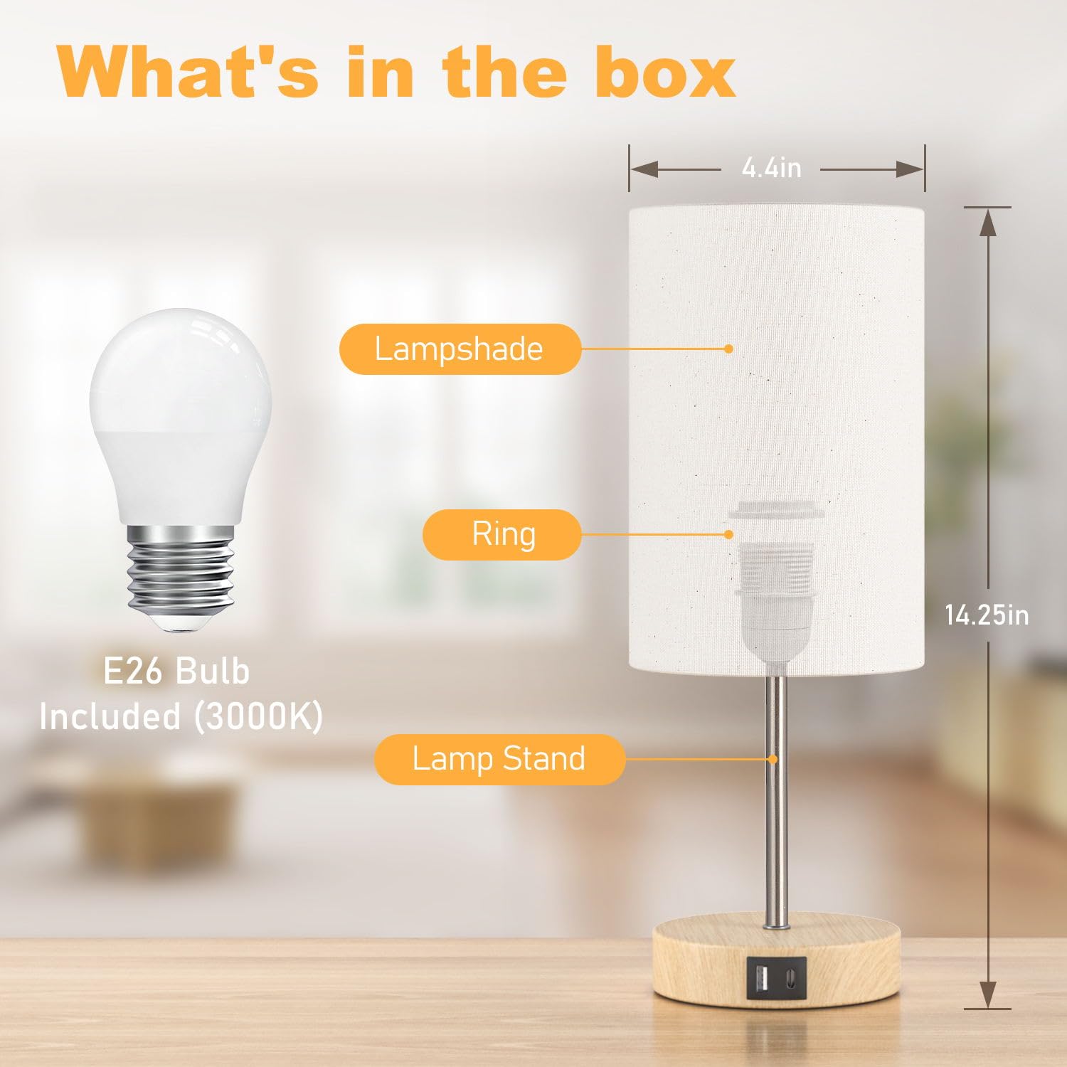 AKASUKI 3-Way Dimmable Touch Table Lamp, 14.25 in, Cream Shade-Wood Base, LED Bulb Included, Model XTD-Y