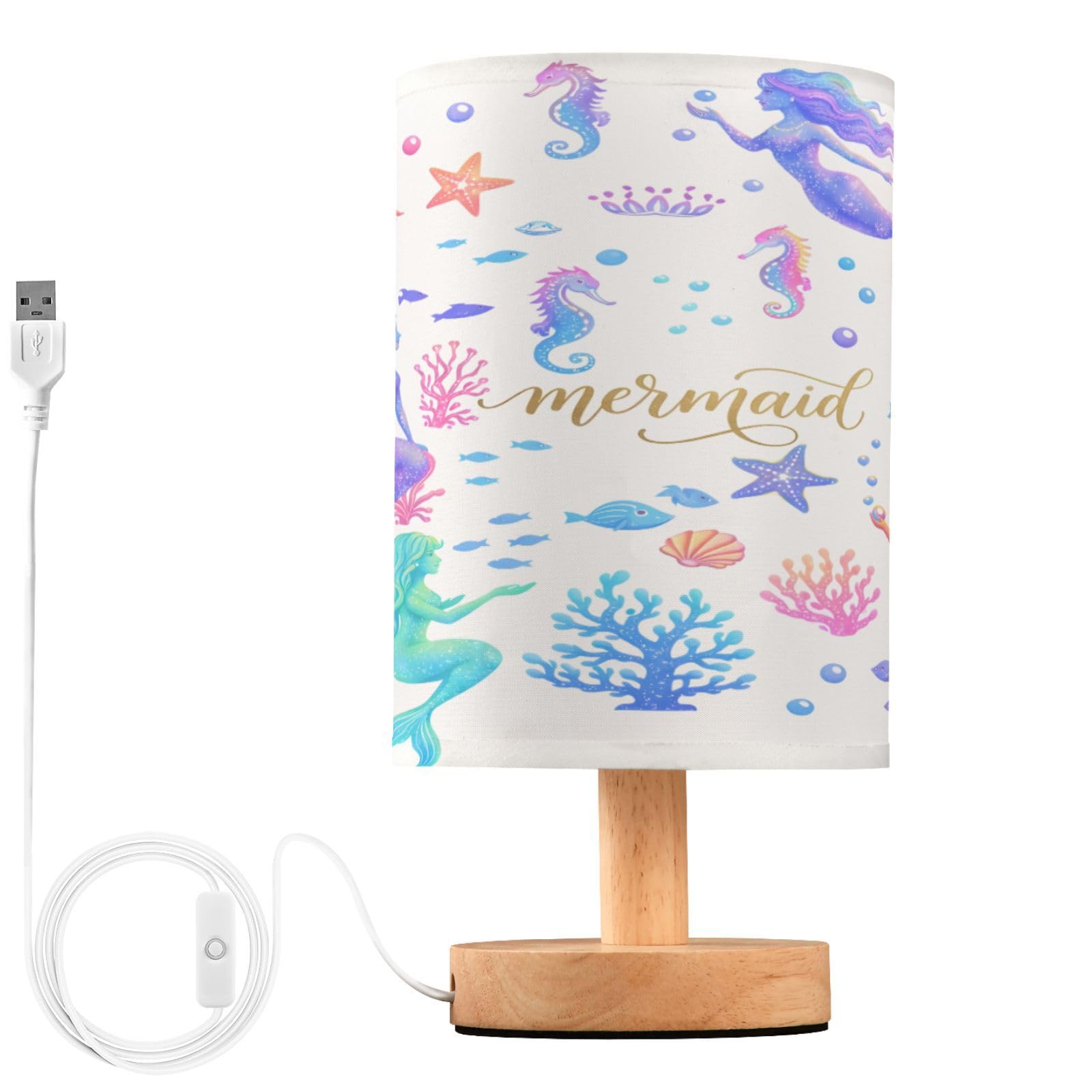 ALAZA Mermaid Coral Reef Seashorse Starfish Decor Bedside Table Lamp with USB Port for Bedroom Nightstand Office Desk LED Bulb I