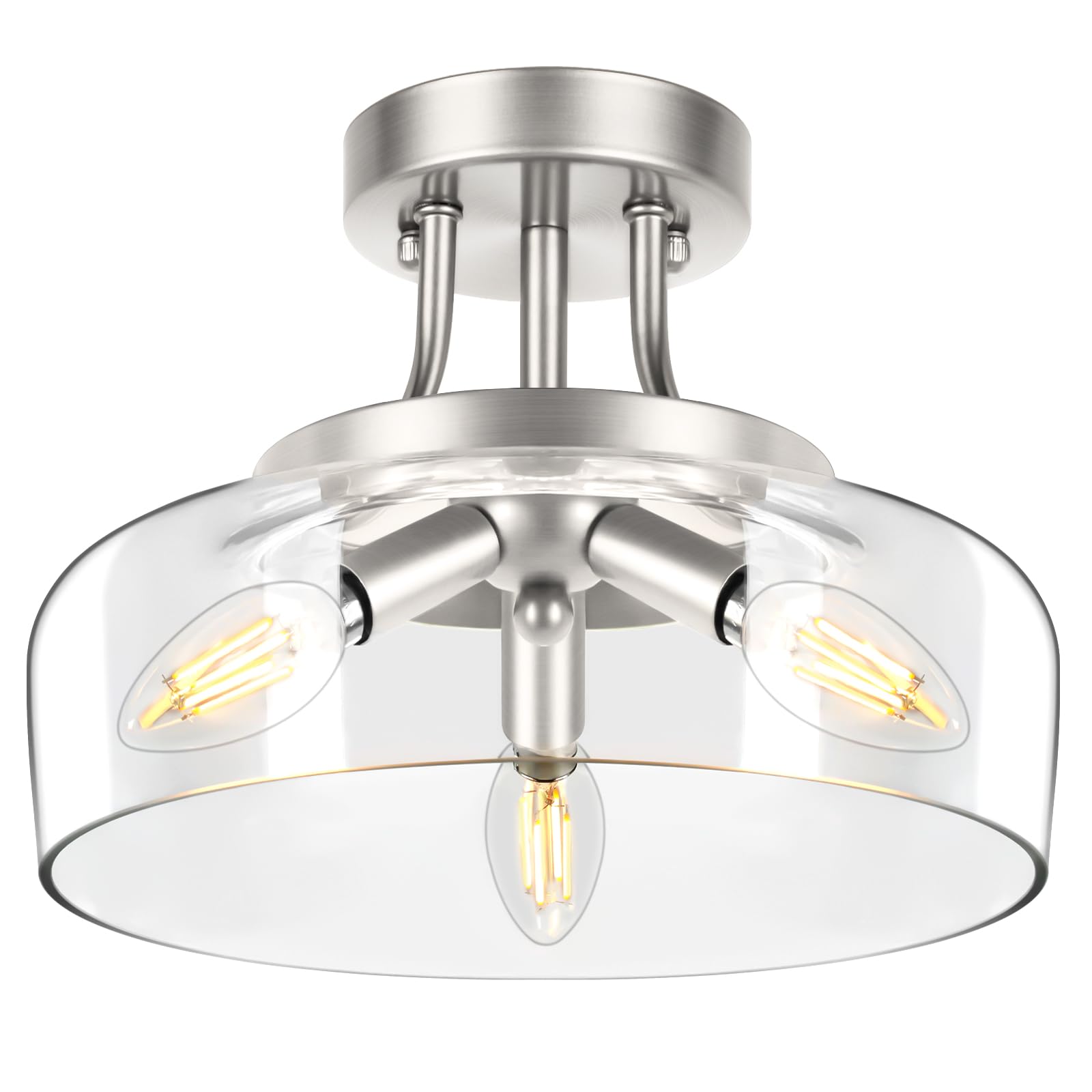 3-Light Semi Flush Mount Ceiling Light Fixture, Modern Industrial Glass Ceiling Light with E12 Base, Metal Semi Flush Ceiling Li
