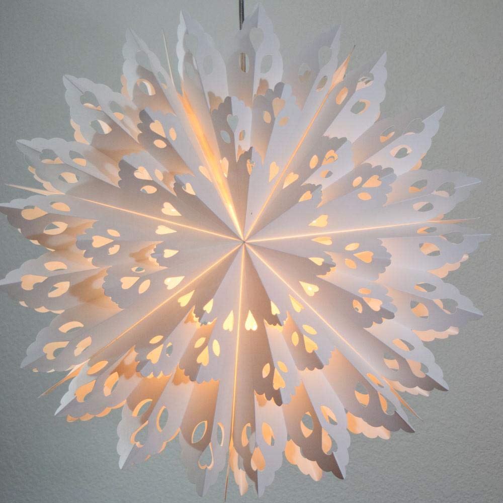 Quasimoon 24 Inch Hanging Snowflake Paper Star Lantern, White Wreath Decoration - Ideal for Holidays and Weddings