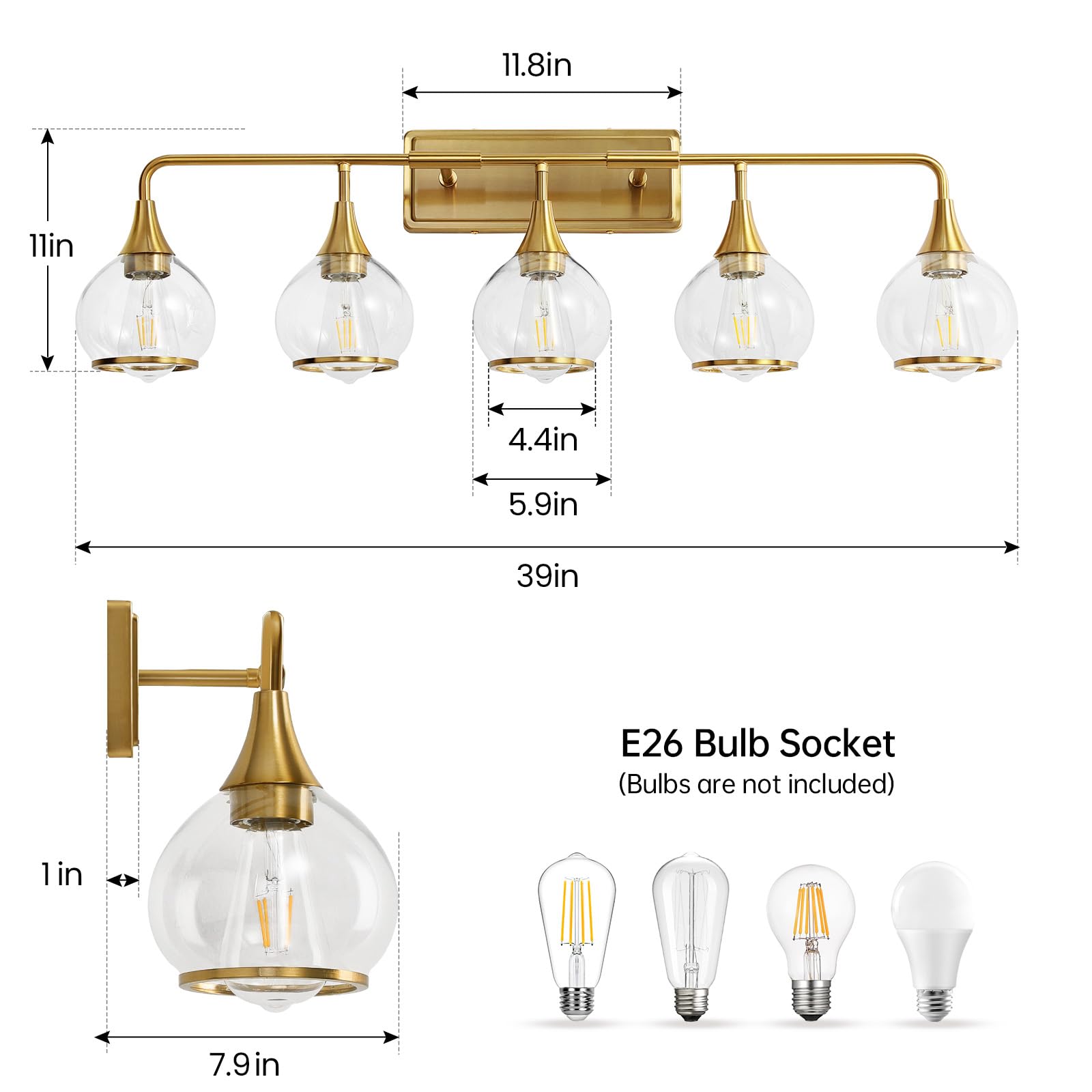 HAHZT Gold 5-Light Bathroom Vanity Light Fixture, 39.2" Wall Sconce with Clear Glass Shade, Model 8033ML