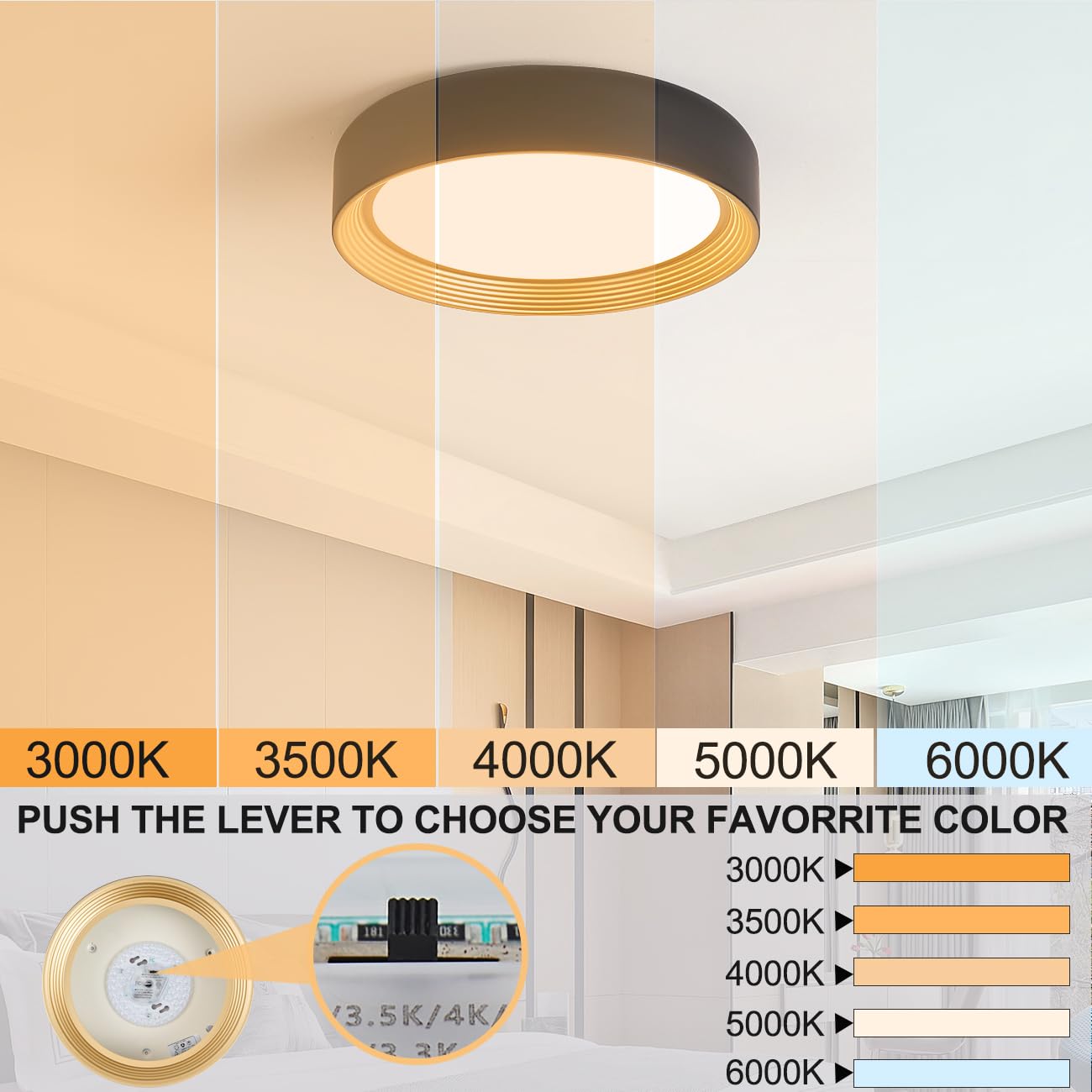 Badiegh Dimmable 15.75 Inch Led Flush Mount Ceiling Light,Modern Black And Gold Lighting Fixture,Round 36W 3000K-6500K 5Cct Ceil