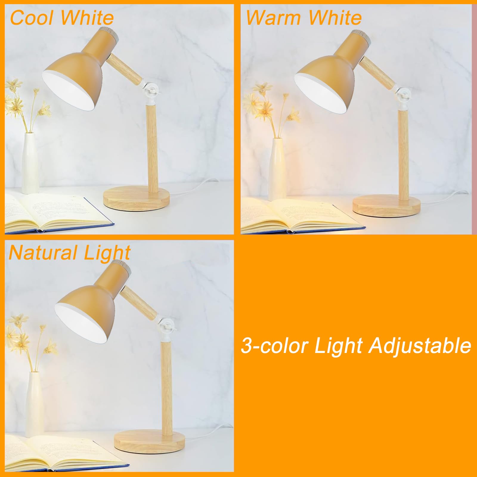 Bifuldyo Led Desk Lamps For Home Office, 3-Color Dimmable Yellow Table Lamp For Bedroom, Wood Desk Lights For Dorm Roomb, Deskto