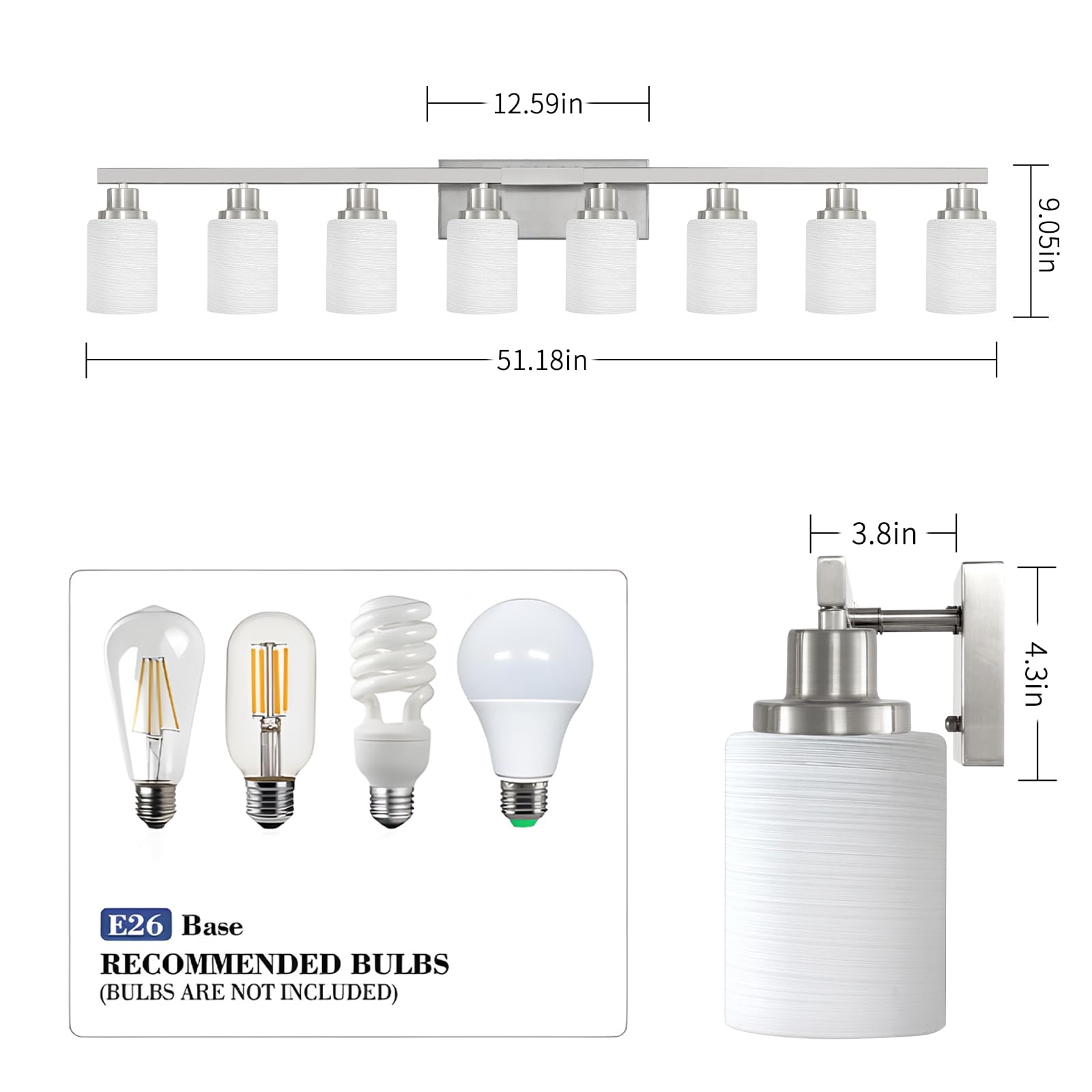 Dikaida 8-Light Bathroom Light Fixtures, 52Inch Nickel Vanity Light With Milky White Glass Shade, Modern Bathroom Wall Lights Ov