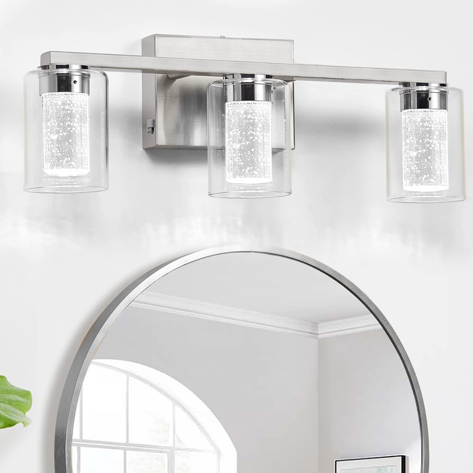 Sadenicel 3-Light Brushed Nickel Vanity Lights - Dimmable Crystal Led Fixtures For Bathroom