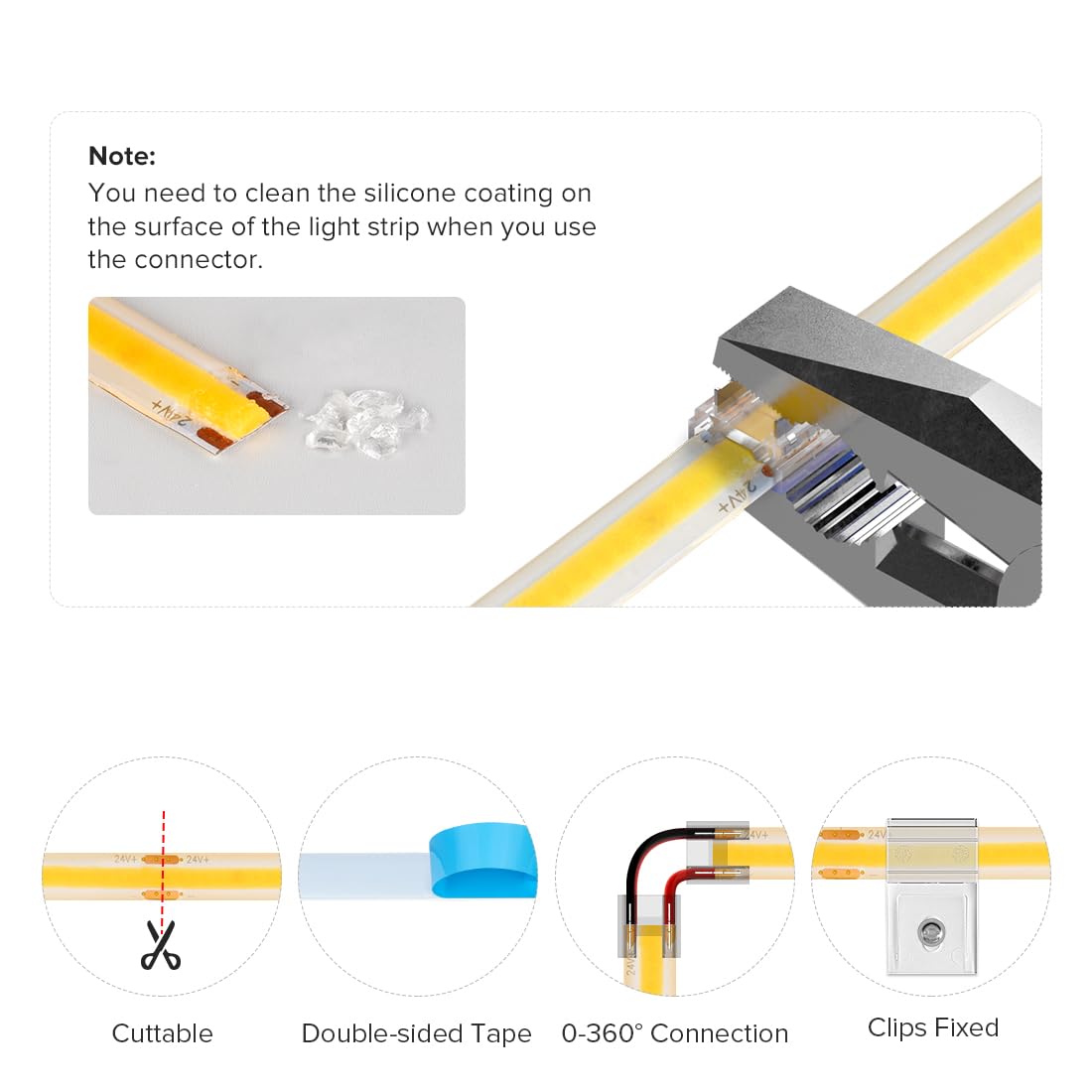 BTF-LIGHTING FCOB LED Strip 8W/m 16.4FT DC12V Cool White 6000K IP65 336LED/m Dimmable