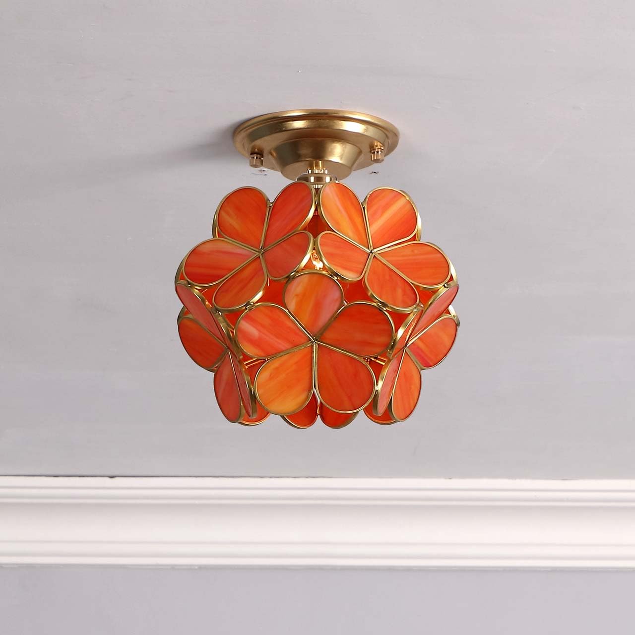 Bieye L10901 Flower Petals Tiffany Style Stained Glass Close To Ceiling Light, 8-Inch Wide (Orange)