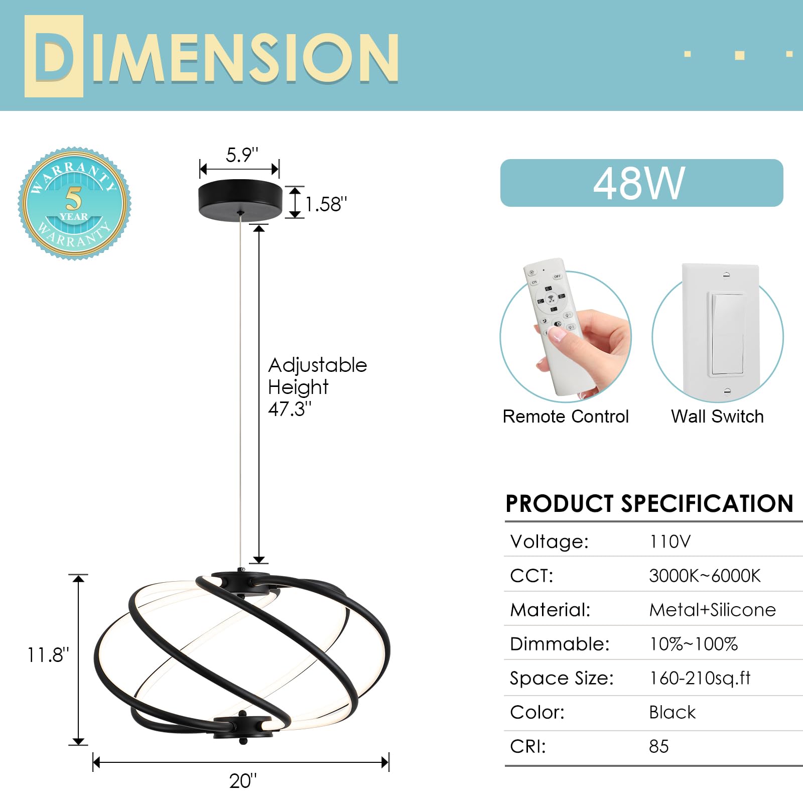Chying Modern Black Chandelier Led Chandeliers Dining Room 3000K-6000K Dimmable Pendant Light Contemporary Ceiling Chandelier Li