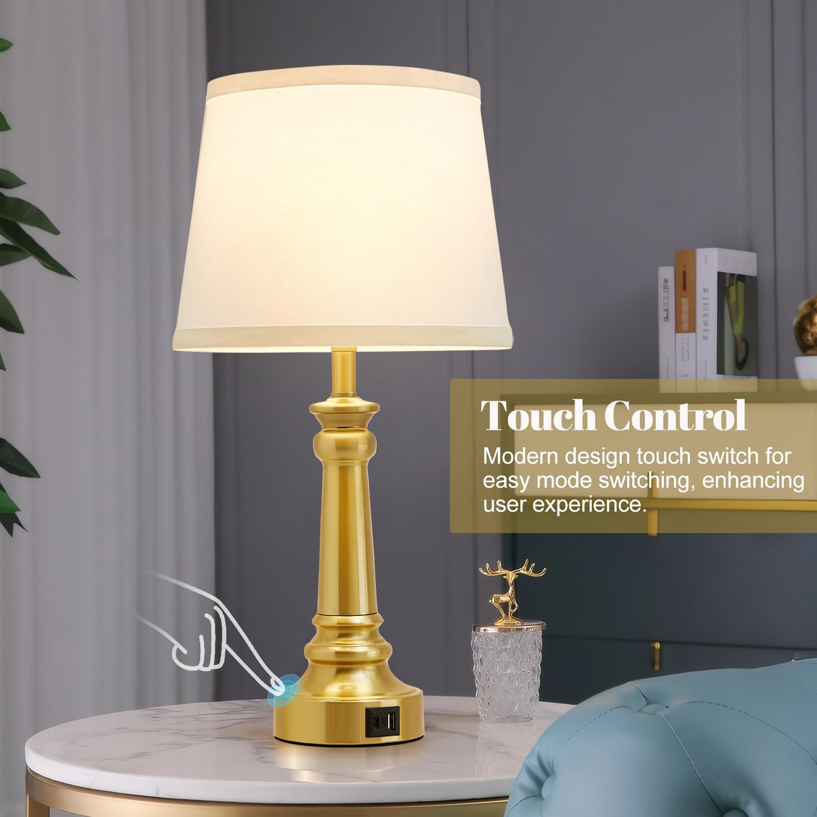 Ejiaxin Touch Lamps For Nightstand Set Of 2 - Gold Table Lamp For Bedroom 3 Way Dimmable Bedside Lamps With Usb C+A Ports - Lamp