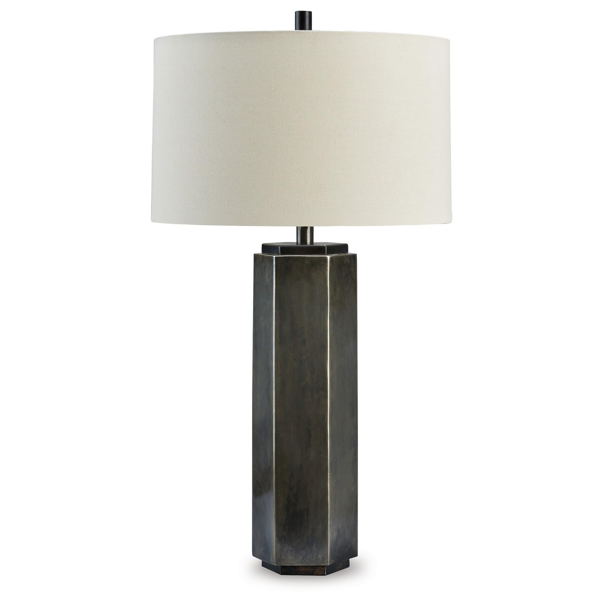 Benzara BM296516 31 in. Table Lamp with Vintage Pewter Hexagonal Metal Base & Fabric Drum Shade Antique Pewter & Black