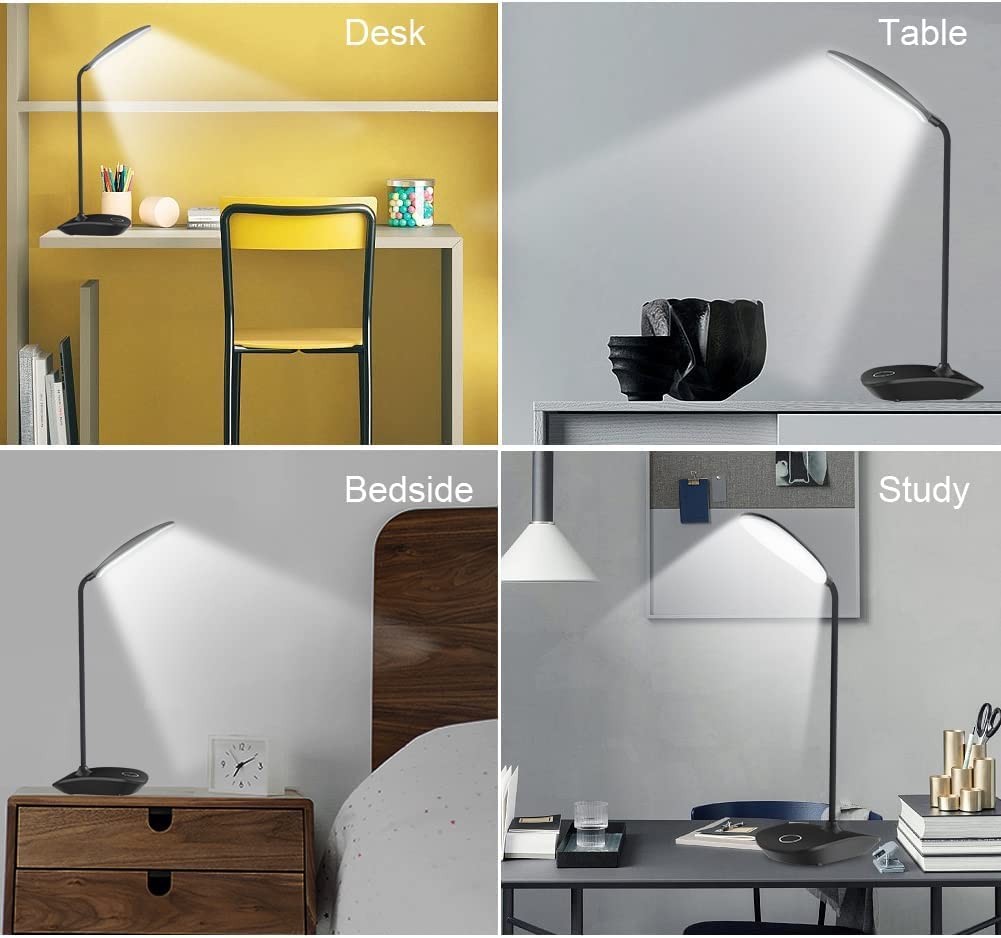 DEEPLITE LED Desk Lamp - Flexible Gooseneck, 3 Brightness Levels, Battery Operated, 2 Pack, Black, Model OL-T04, Portable for Dorm/Office