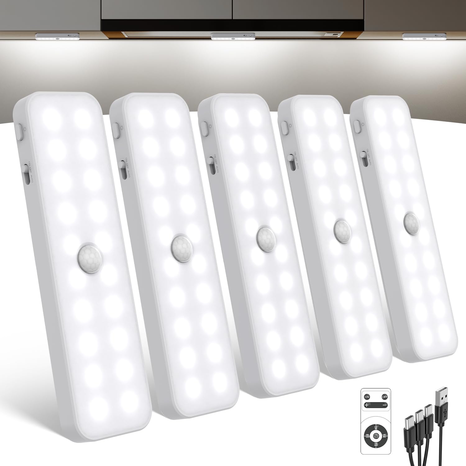 Goodea Under Cabinet Lights, 6'' LED Closet Lights with Long-Lasting Battery, Motion Sensor Light Indoor Dimmable with Remote, C