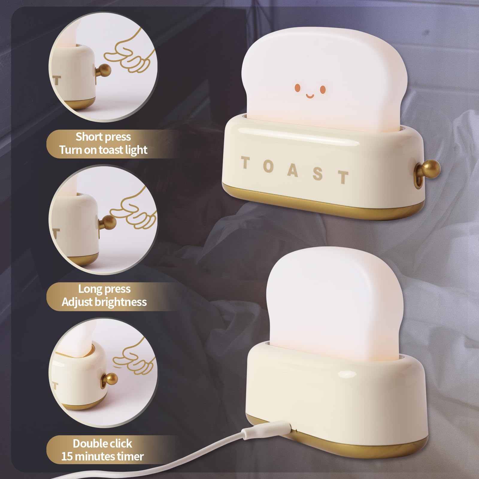 BANDIANCY Cute Kids Night Light, LED Dimmable Rechargeable Toast Design, Model BD-NL-16, Yellow Toast Color