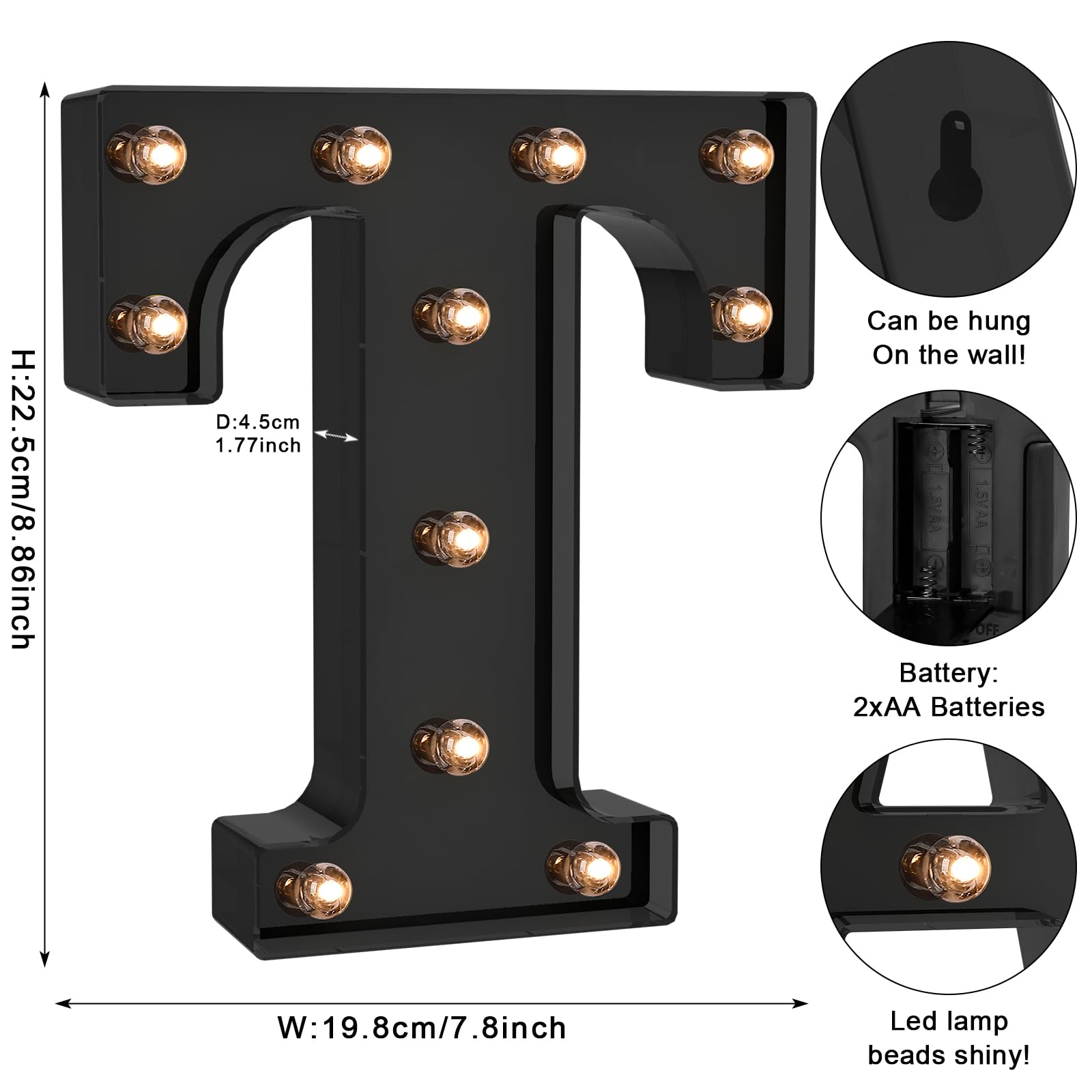 Foaky LED Letter Lights - Black Plastic Alphabet Decor, Battery Operated, Size T, Model Black-25