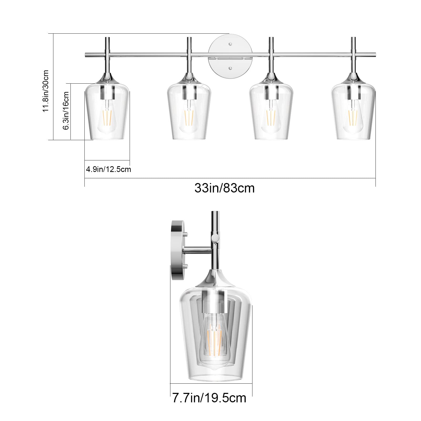 Ralbay Chrome Bathroom Vanity Light 4-Light Industrial Fixture Clear Glass Model 2031