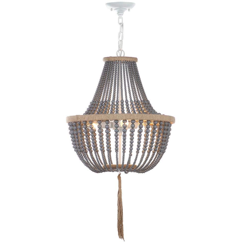 Safavieh Pendant Light Fixture, 3-Light Adjustable, Beaded with Tassel, 17 Inch, Gray, Acrylic, Model LIT4477C