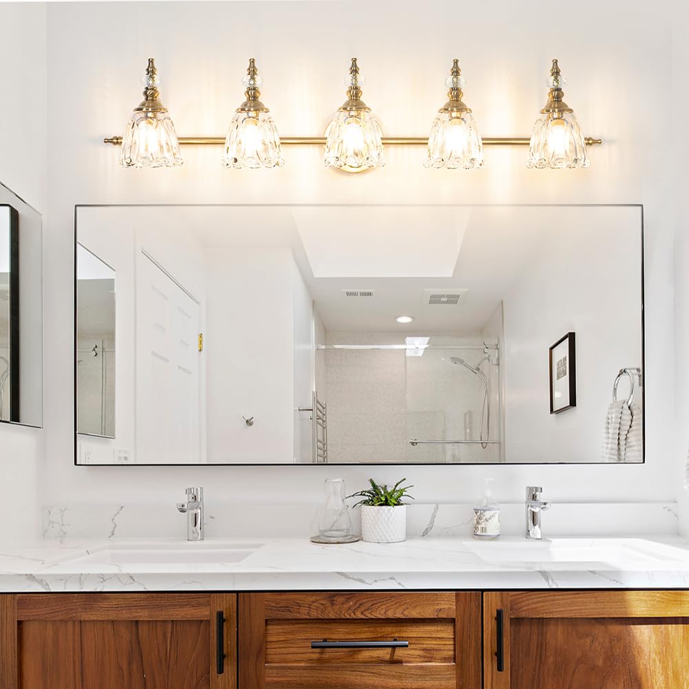 Ditoon 5 Lights Brass Gold Bathroom Light Fixtures, Antique Vanity Light With Flower Glass Shade, Bathroom Vanity Light Over Mir