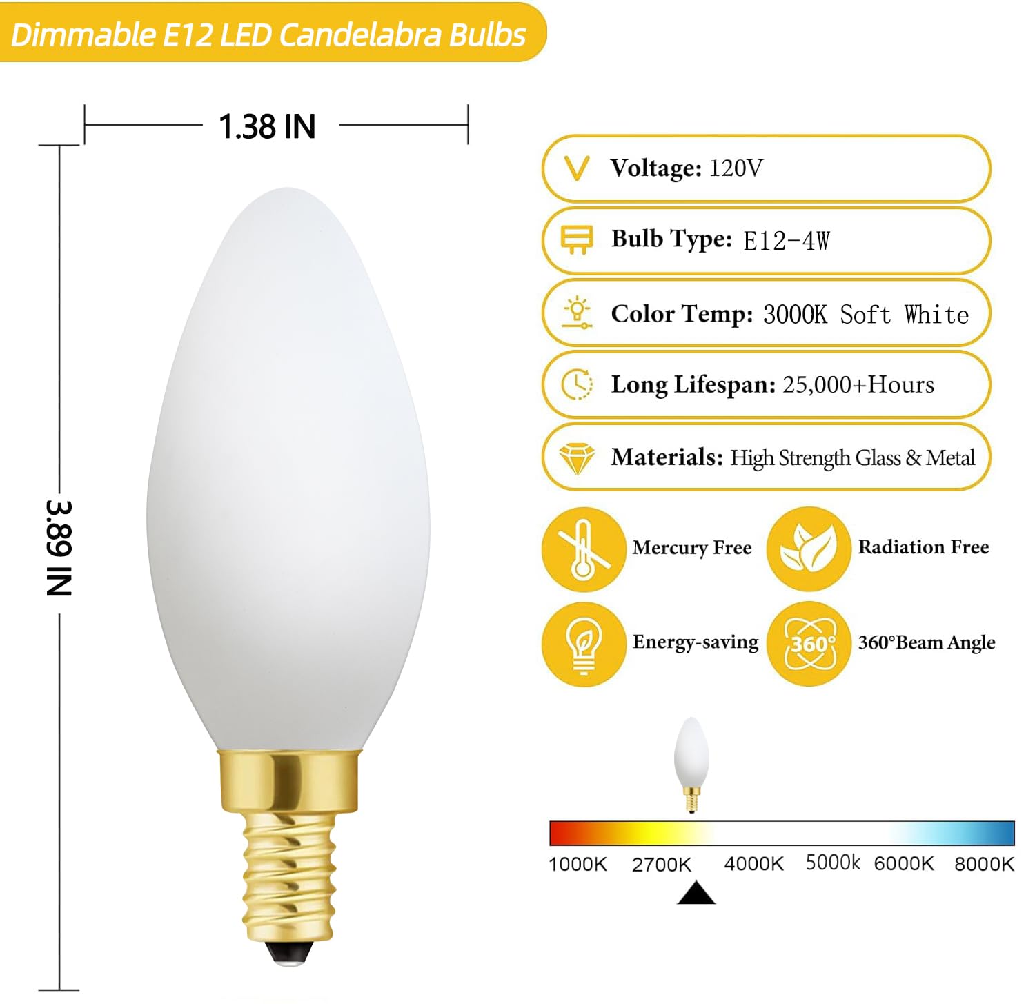 Xininsun E12 Led Bulb,Frosted Chandelier Light Bulbs 40 Watt Equivalent,Type B Candle Light Bulbs,Milky White Candelabra Led Bul
