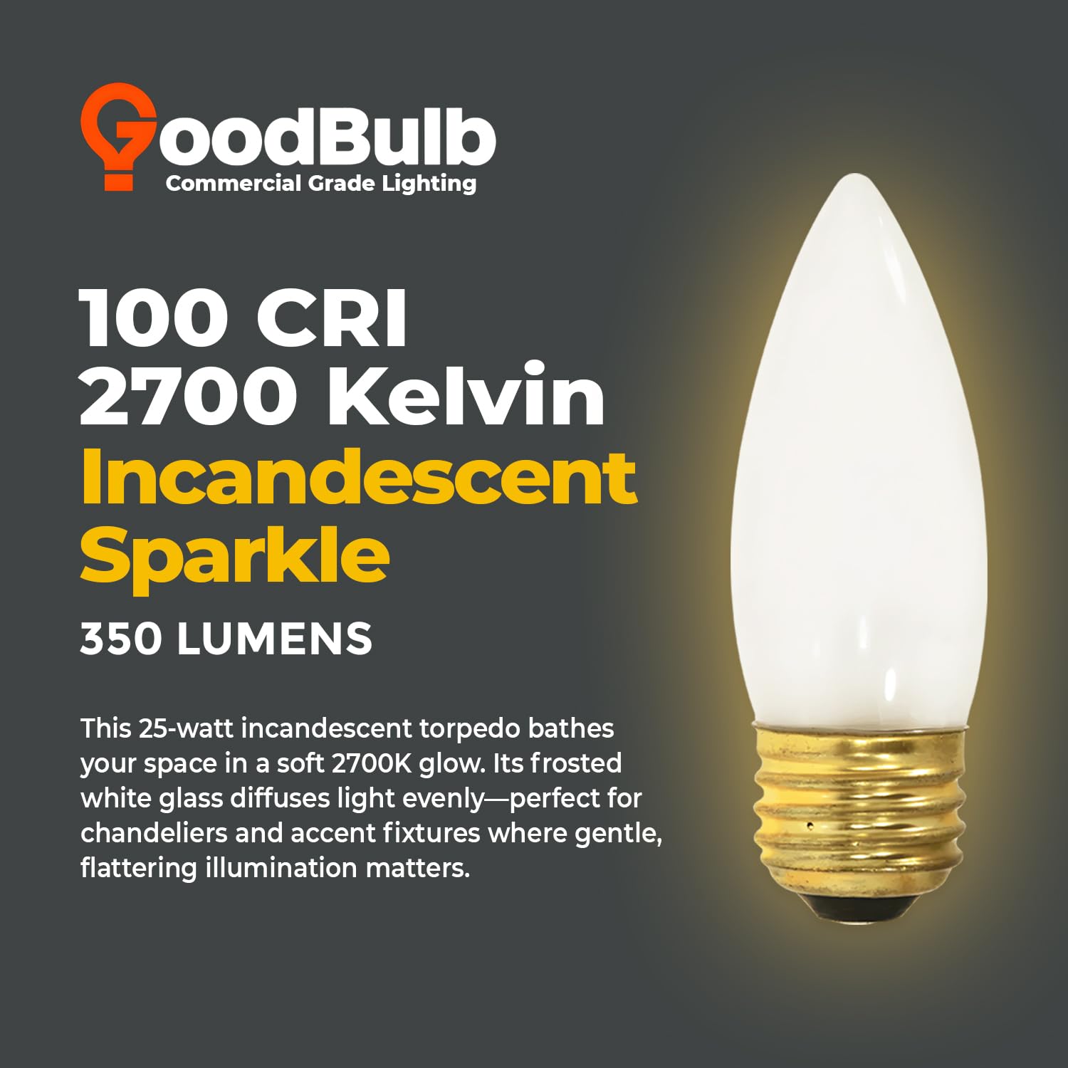 GoodBulb 25-Watt Incandescent Torpedo Light Bulbs, Dimmable, 175 Lumens, Pack of 12, Frosted Finish, Medium E26 Base, 2700