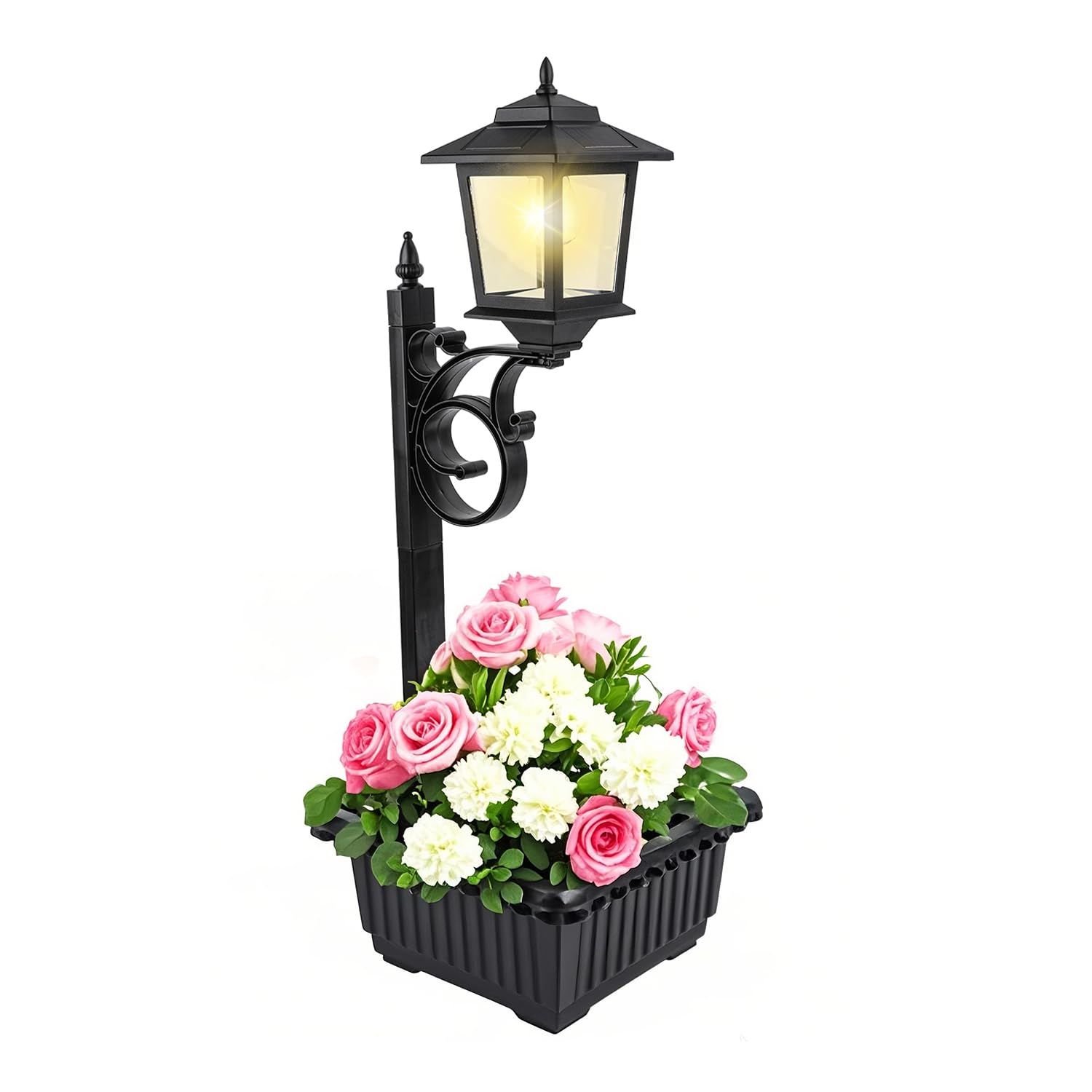 Hoodink 2-In-1 Outdoor Flower Pots & Solar Lamp Post Lights - Wall Mount Or Freestanding Waterproof Solar Post For Lawn, Patio, 