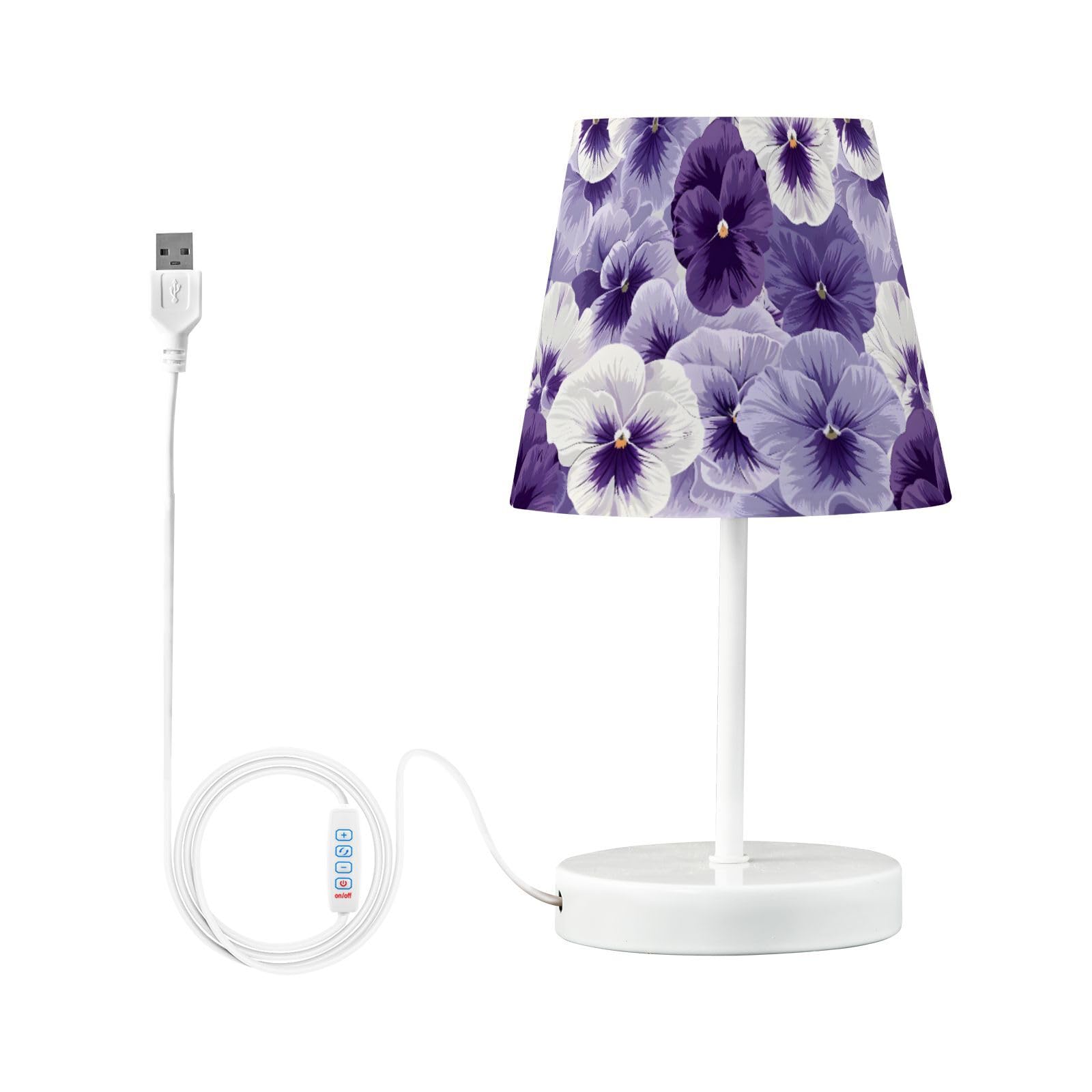 BOENLE Bedside Lamp Violet Pansy Flowers Table Lamp Bedroom LED Nightstand Desk Lamp Lampshade for Sleeping Living Room Dorm Off