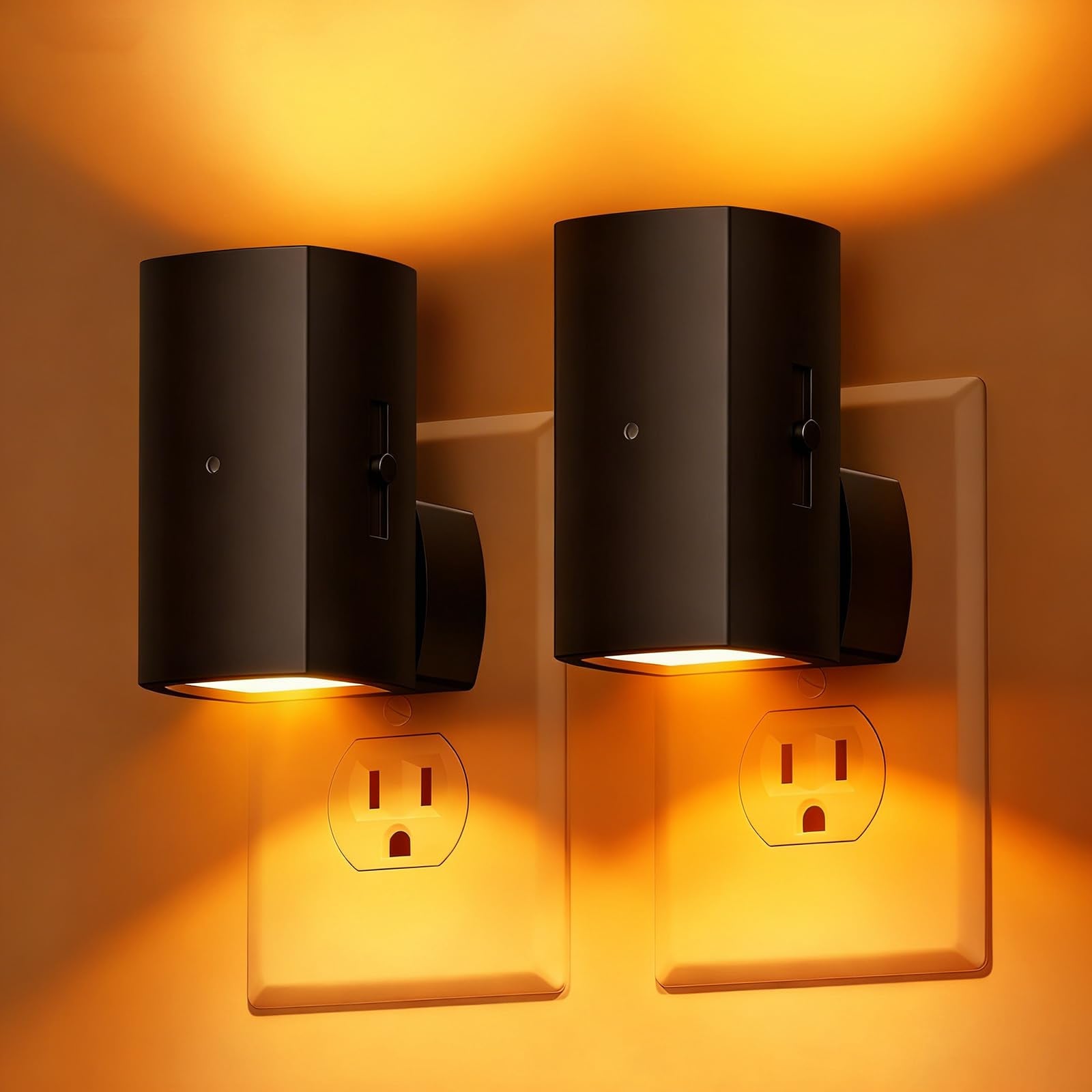 Brightown 2 Pack Black White Night Lights Plug into Wall  Modern Night Light with Rotating Plug  Dusk to Dawn Sensor  0-100LM Stepless Dimming Aora Night Light for Hallway Bedroom Bathroom Amber