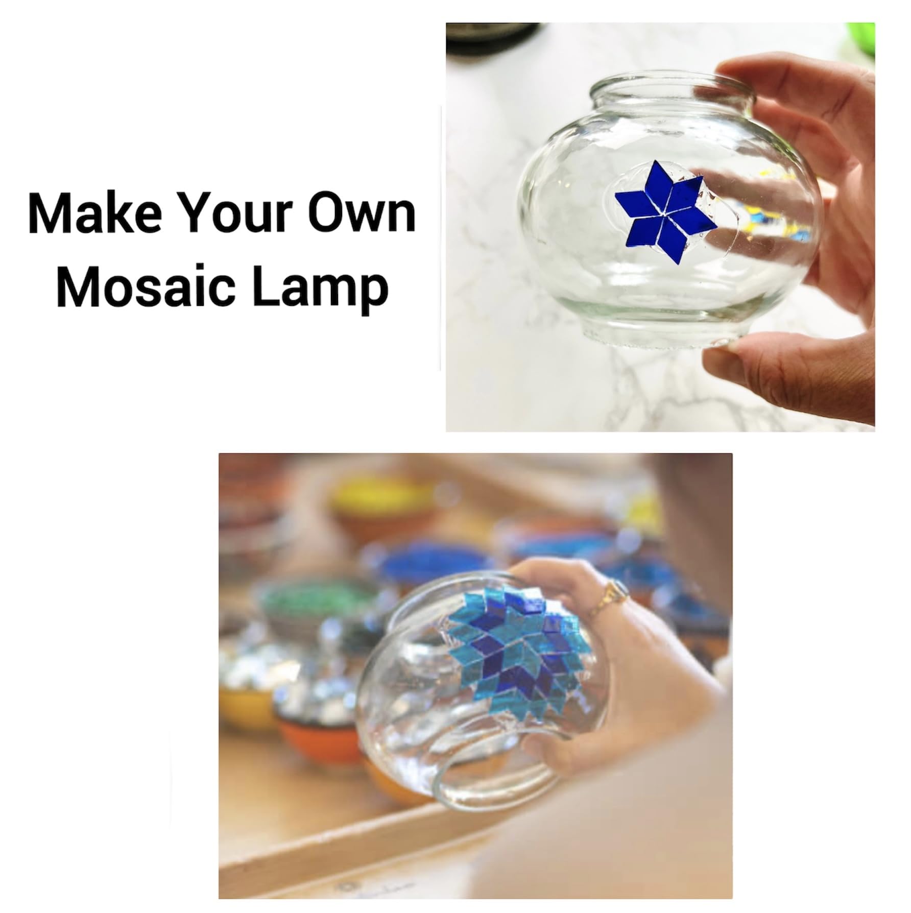 KRAFTSTORIES Turkish Mosaic Moon Lamp Kit - DIY Colorful Glass Table Light, Medium Size, Blue, Model MoonTML