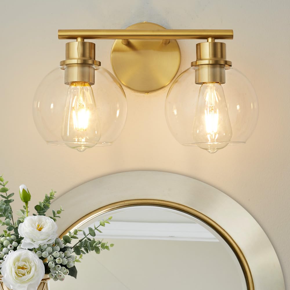 Lanmate Bathroom Vanity Light Fixture, 2-Light Brushed Brass with Clear Glass Shade, Model L1746, 13.8 Inch, Gold