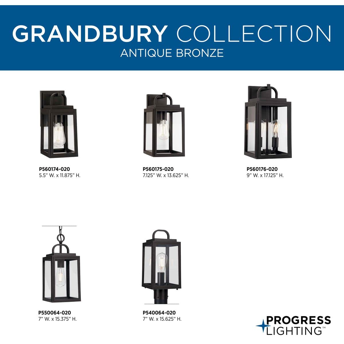 Progress Lighting Grandbury 1-Light Outdoor Wall Lantern, Antique Bronze, Clear Glass Shade, 13.63x7.13x8, Model P560175-020
