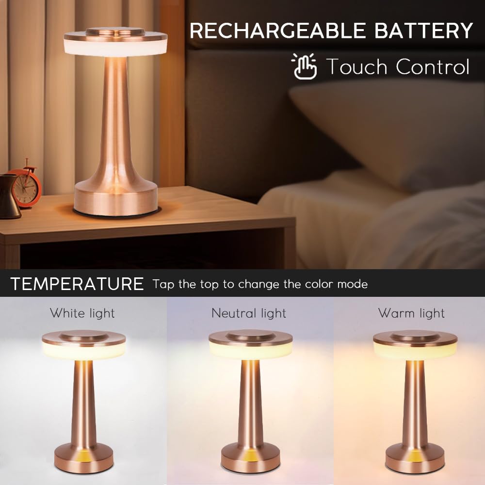Jhpgeoe Cordless Metal Desk Lamp, Touch Sensor Control Led Table Lamp,3 Color Stepless Dimmable Battery Powered Lamp For Living