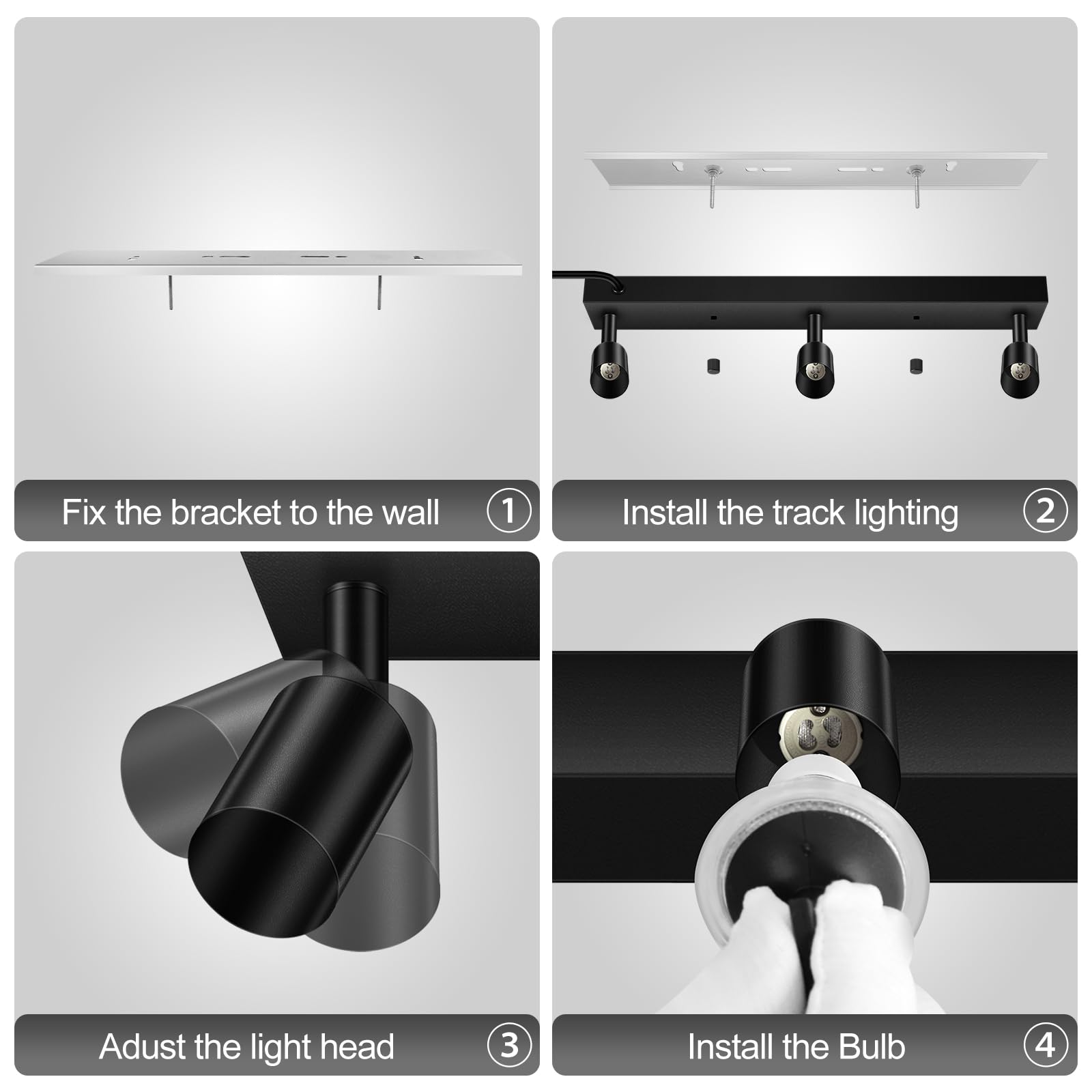 AUQUEE 16" Plug in Track Lighting Fixture, Black GU10 Wall Spotlight, Rotatable Head, 15ft Power Cord, Ideal for Kitchen & Living Room