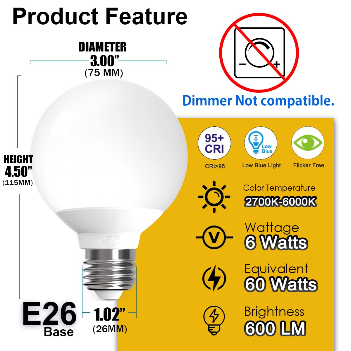 ILC G25 Globe Light Bulbs - App-Controlled, Color Changing, 6W, 600LM, E26 Base, 6 Pack, 2700K-6000K RGB