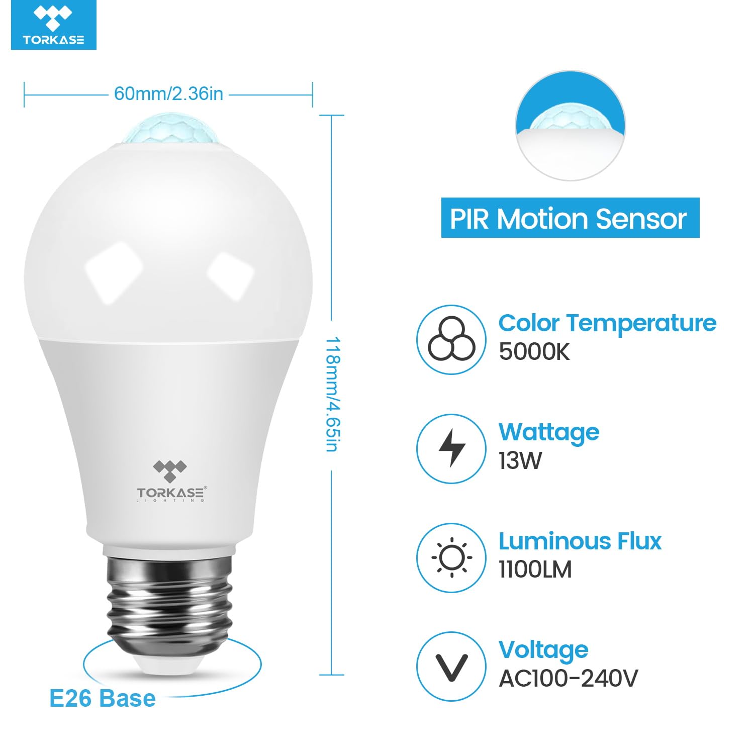 Torkase Motion Sensor Light Bulbs, 13W (100W Equivalent), Daylight 5000K, 3 Pack, Indoor/Outdoor Security Lighting