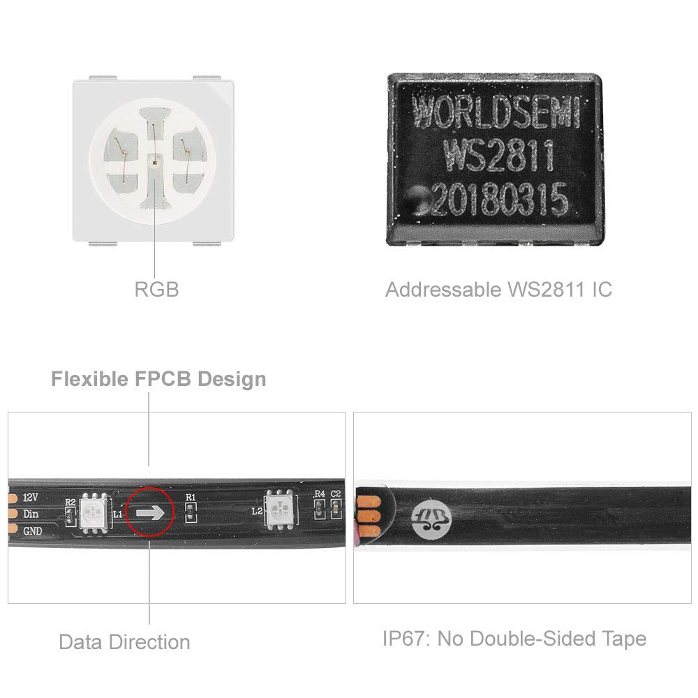 Btf-Lighting Ws2811 Ic=Rgb+Ic Addressable Dream Color Led Strip 16.4Ft 30Leds/M 10Pixels/M Ip67 Waterproof Black Pcb Flexible Dc