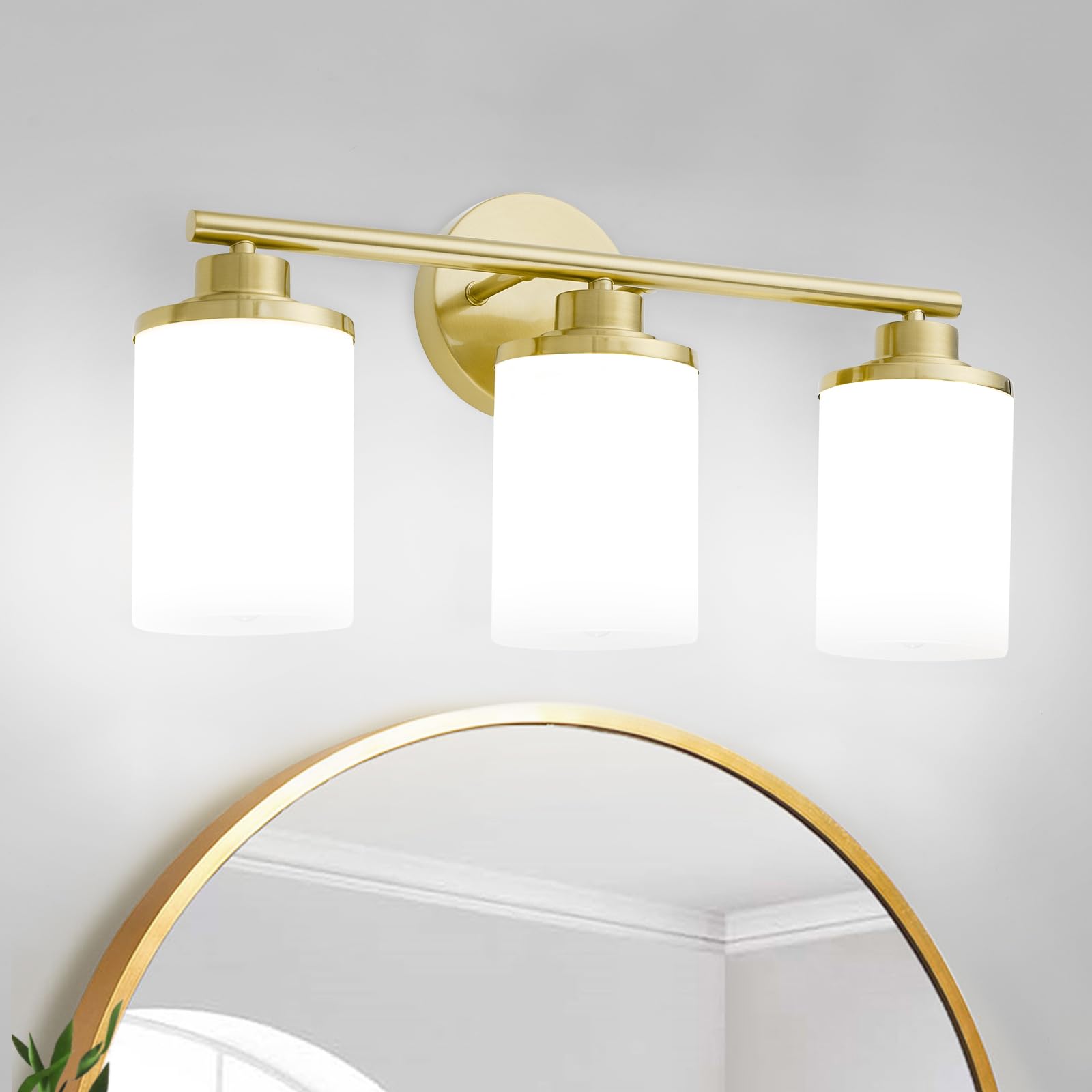 Halialumi Brushed Gold Bathroom Light Fixtures,3-Light Gold Vanity Lights,Brass Bathroom Lights Over Mirror,Mid-Century Modern Wall Sconces With Frosted Glass Shades For Bathroom,Living Room