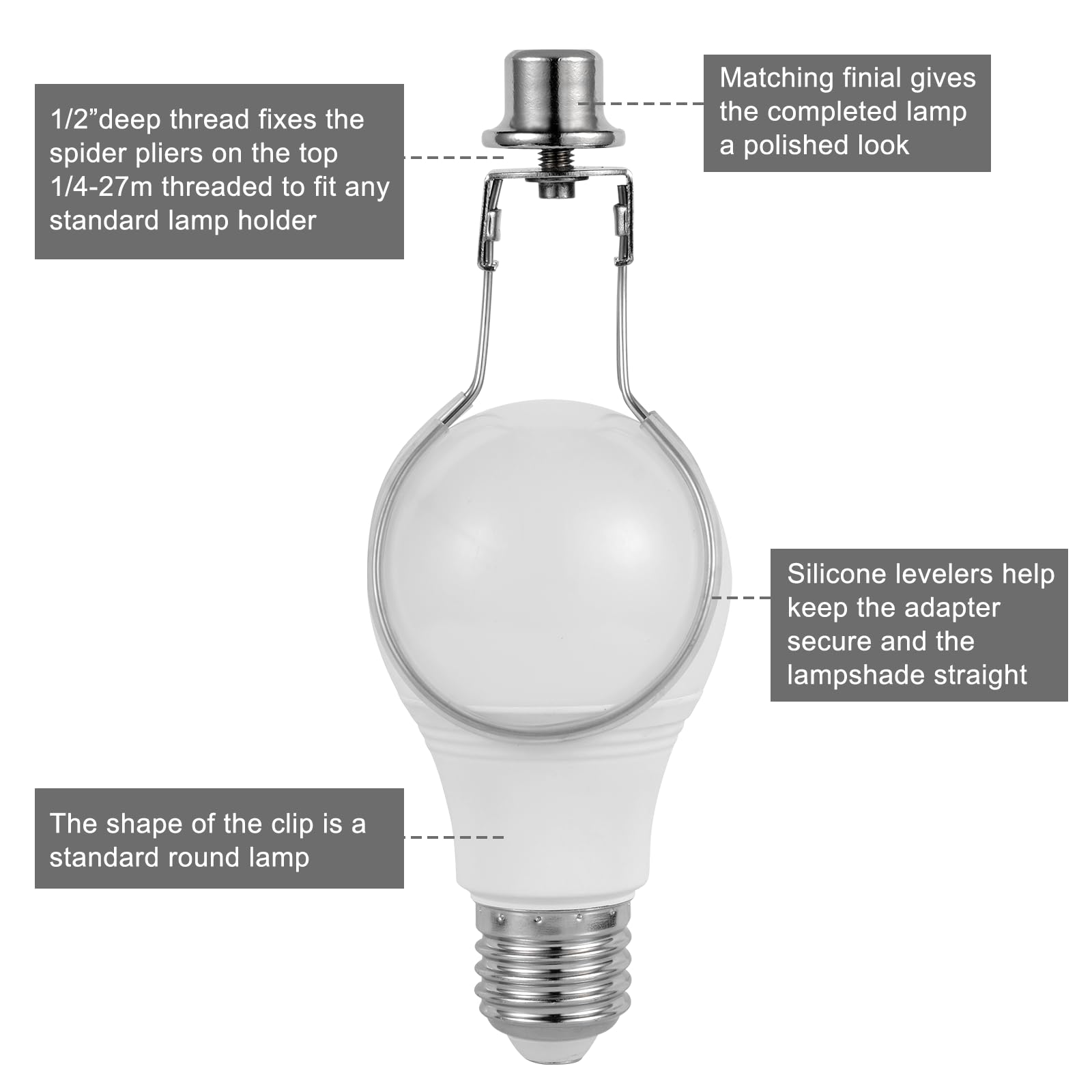 Lamp Shade Holder,Lamp Shade Light Bulb Clip Adapter,Clip On Lampshade Adapter Includes Finial And Lampshade Levellers,Spring Clip For Light Bulb (Nickel)