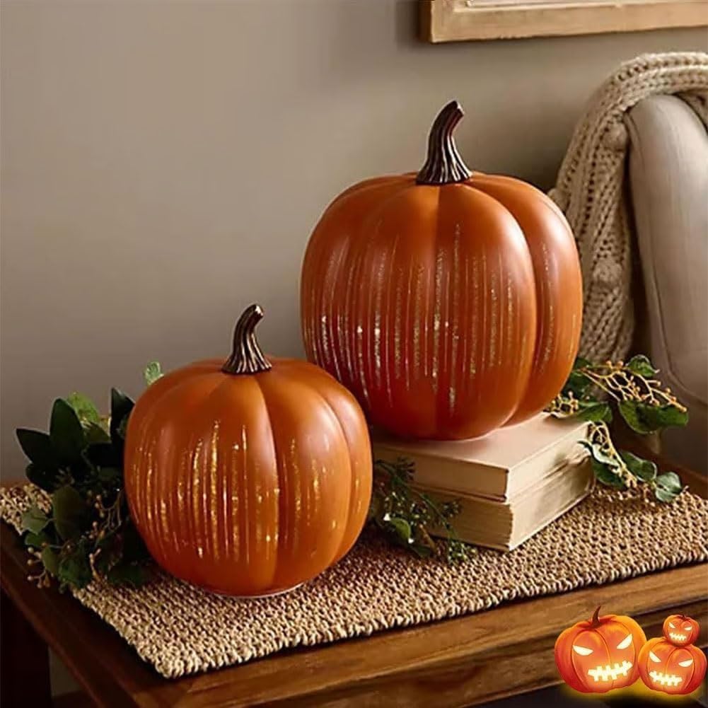 Starry Night Glass Pumpkins, Cherishous Twinkle LED Light Pumpkins, Halloween Pumpkin Night Light, Set of 2 with Built-In Timer,