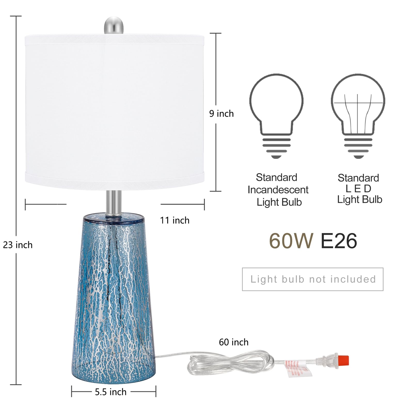 Tpamswo Modern Coastal Table Lamps 23    High Blue Silver Hand-Applied Mercury Tapered Column Glass Bedside Lamps, For Bedroom L