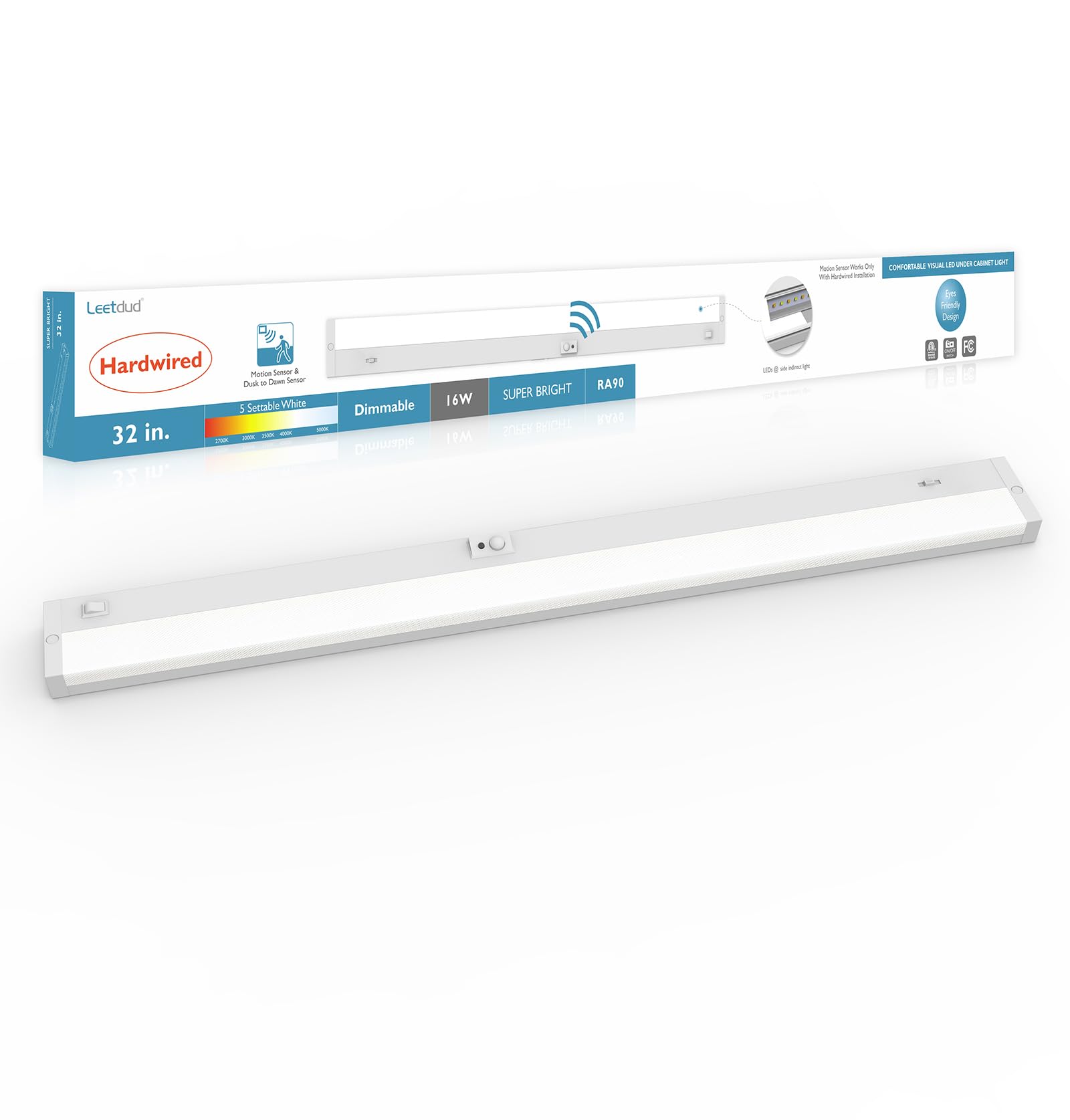 Leetdud Under Cabinet Lighting Motion Sensor Hardwired, 32 Inch 16W Dimmable, 5 CCT 2700/3000/3500/4000/5000K, Eyes Care Design 