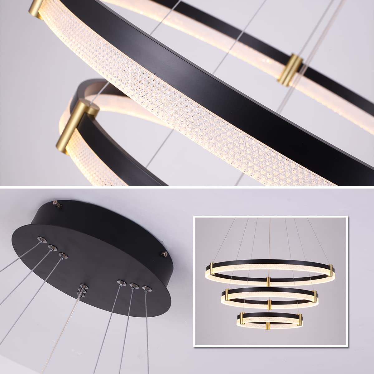 Siittoo Modern Crystal Chandelier Light Fixture  Dimmable Led Acrylic Pendant Lighting  Adjustable Black Chandelier For Dining Living Room Bedroom Kitchen (3 Rings  57W  F31.5+23.6+15.8)