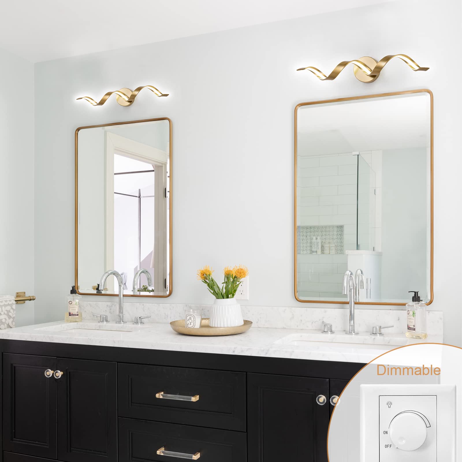 Huoku 24" Dimmable Gold Led Bathroom Light, Spiral Design Vanity Fixture, 15W Cold White 6000K